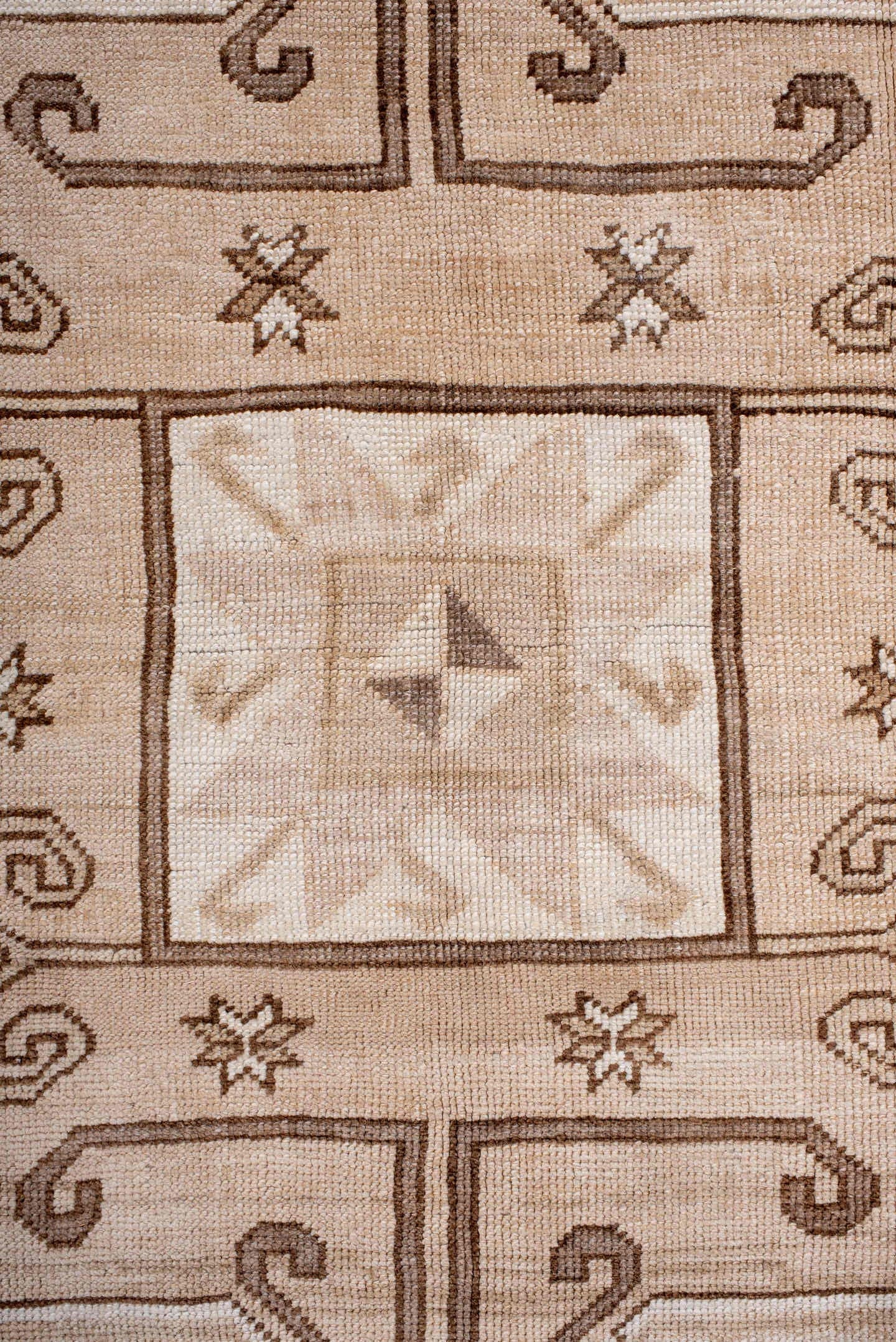 6' x 10' one-of-a-kind handmade antique Kars large size rug. Color palette: ivory, beige, taupe, camel, brown, blush, gray