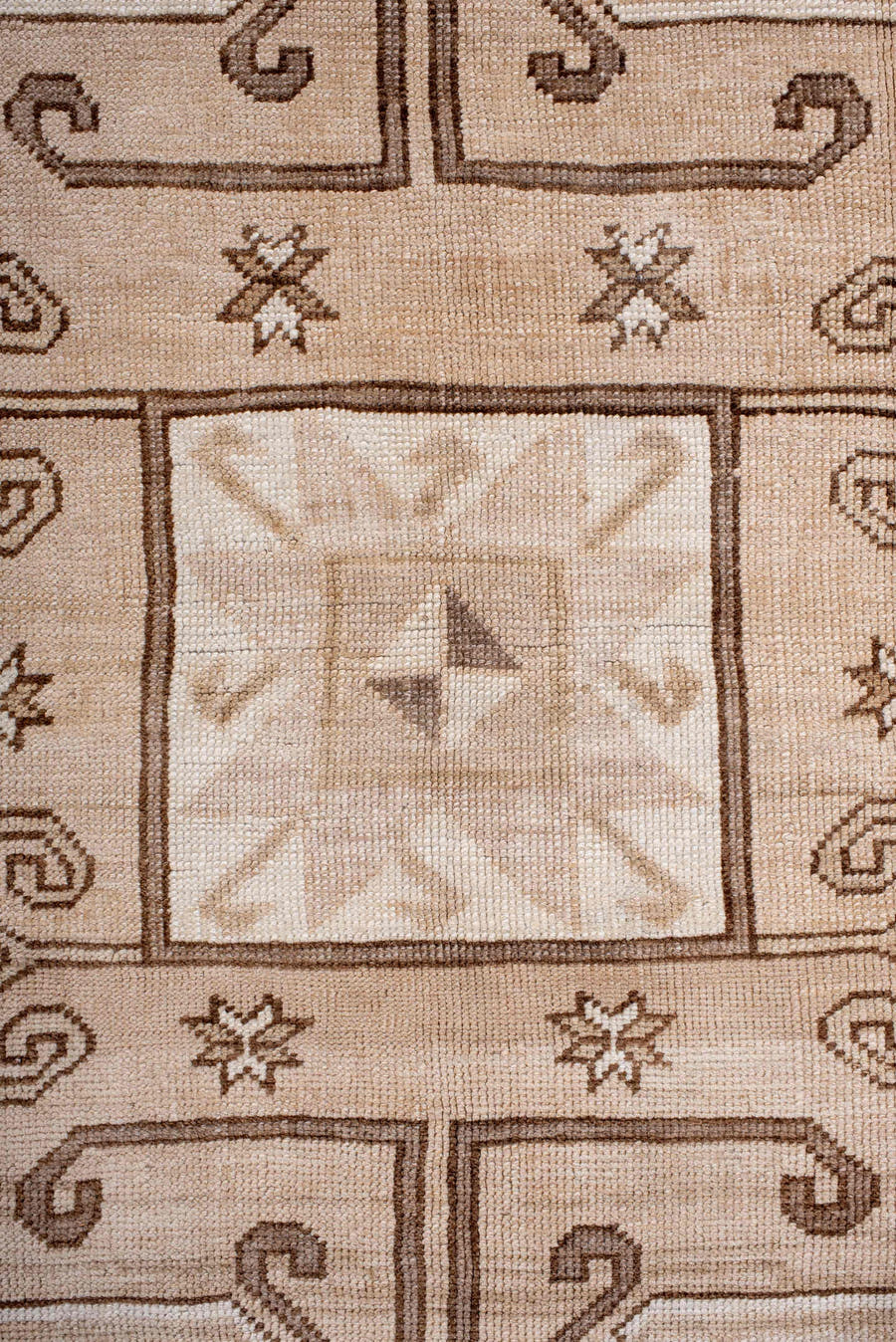 6' x 10' one-of-a-kind handmade antique Kars large size rug. Color palette: ivory, beige, taupe, camel, brown, blush, gray