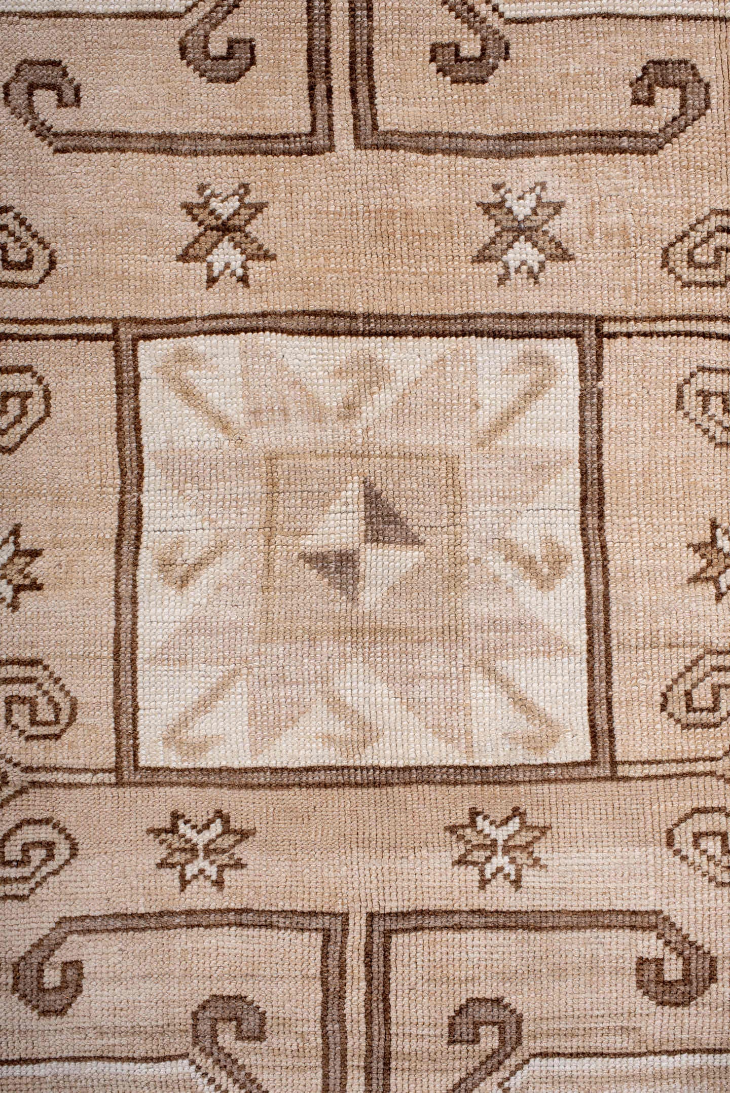 6' x 10' one-of-a-kind handmade antique Kars large size rug. Color palette: ivory, beige, taupe, camel, brown, blush, gray