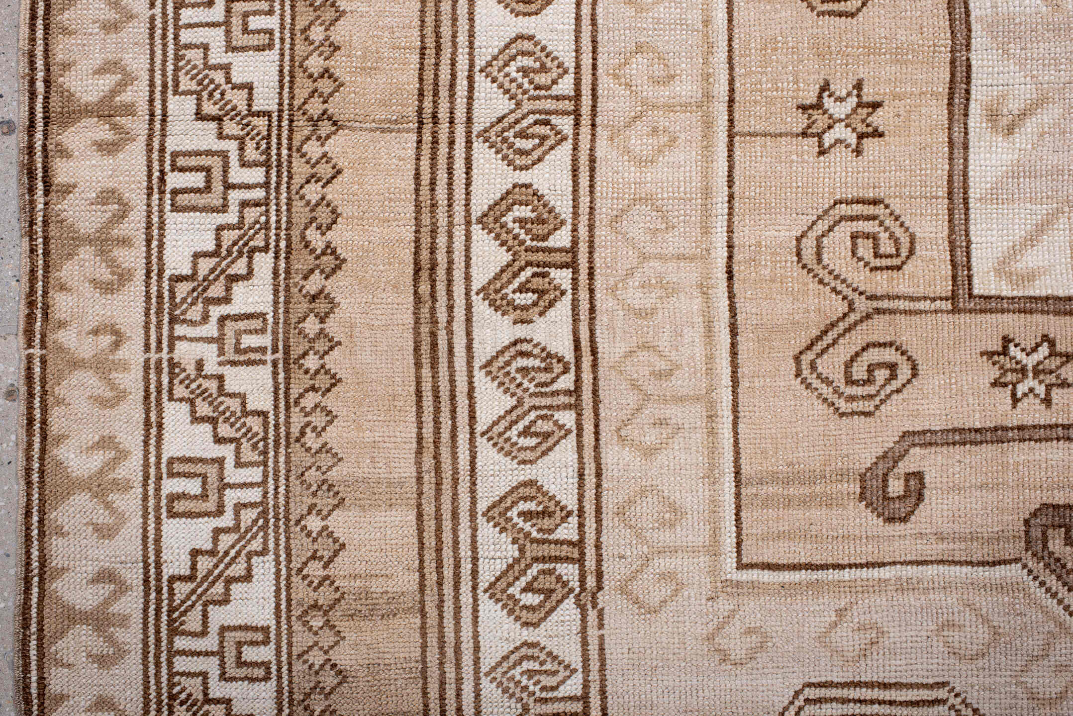 6' x 10' one-of-a-kind handmade antique Kars large size rug. Color palette: ivory, beige, taupe, camel, brown, blush, gray