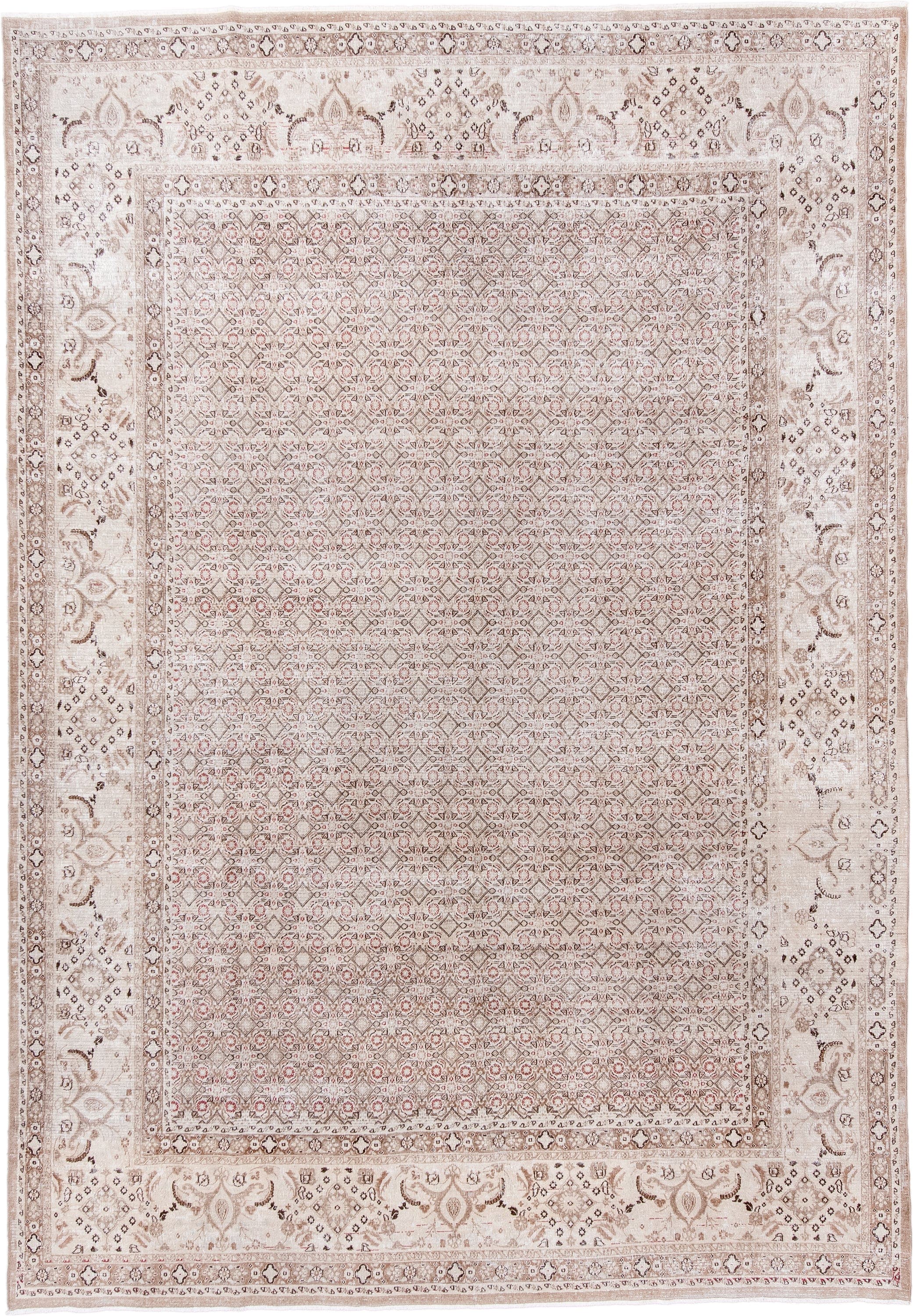 8' x 11' one-of-a-kind handmade antique Tabriz large size rug. Color palette: ivory, taupe, rose, brown, beige, camel, gray