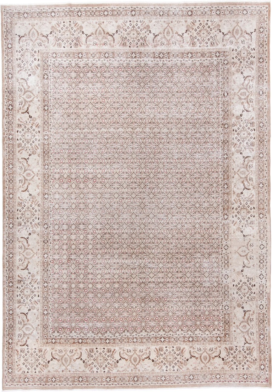8' x 11' one-of-a-kind handmade antique Tabriz large size rug. Color palette: ivory, taupe, rose, brown, beige, camel, gray