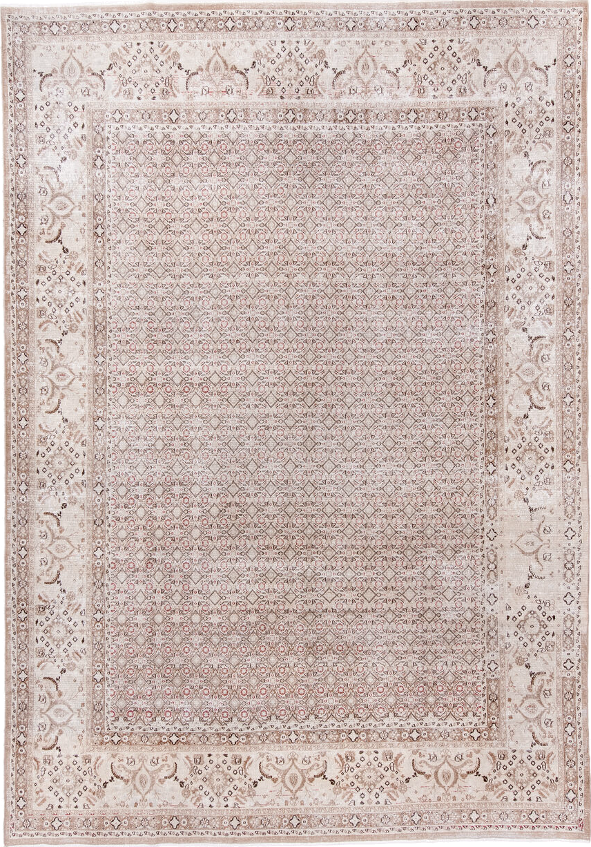 8' x 11' one-of-a-kind handmade antique Tabriz large size rug. Color palette: ivory, taupe, rose, brown, beige, camel, gray