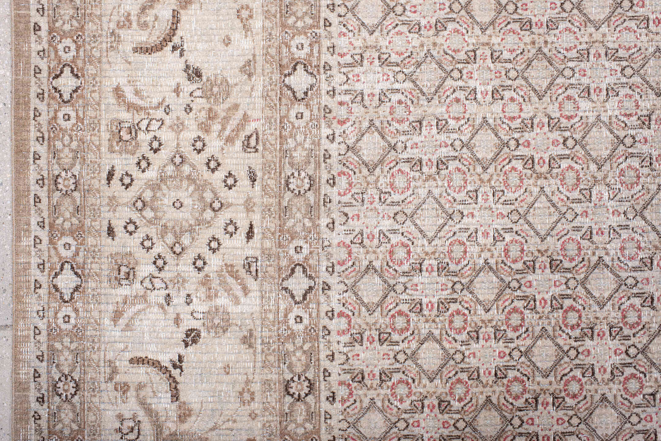 8' x 11' one-of-a-kind handmade antique Tabriz large size rug. Color palette: ivory, taupe, rose, brown, beige, camel, gray