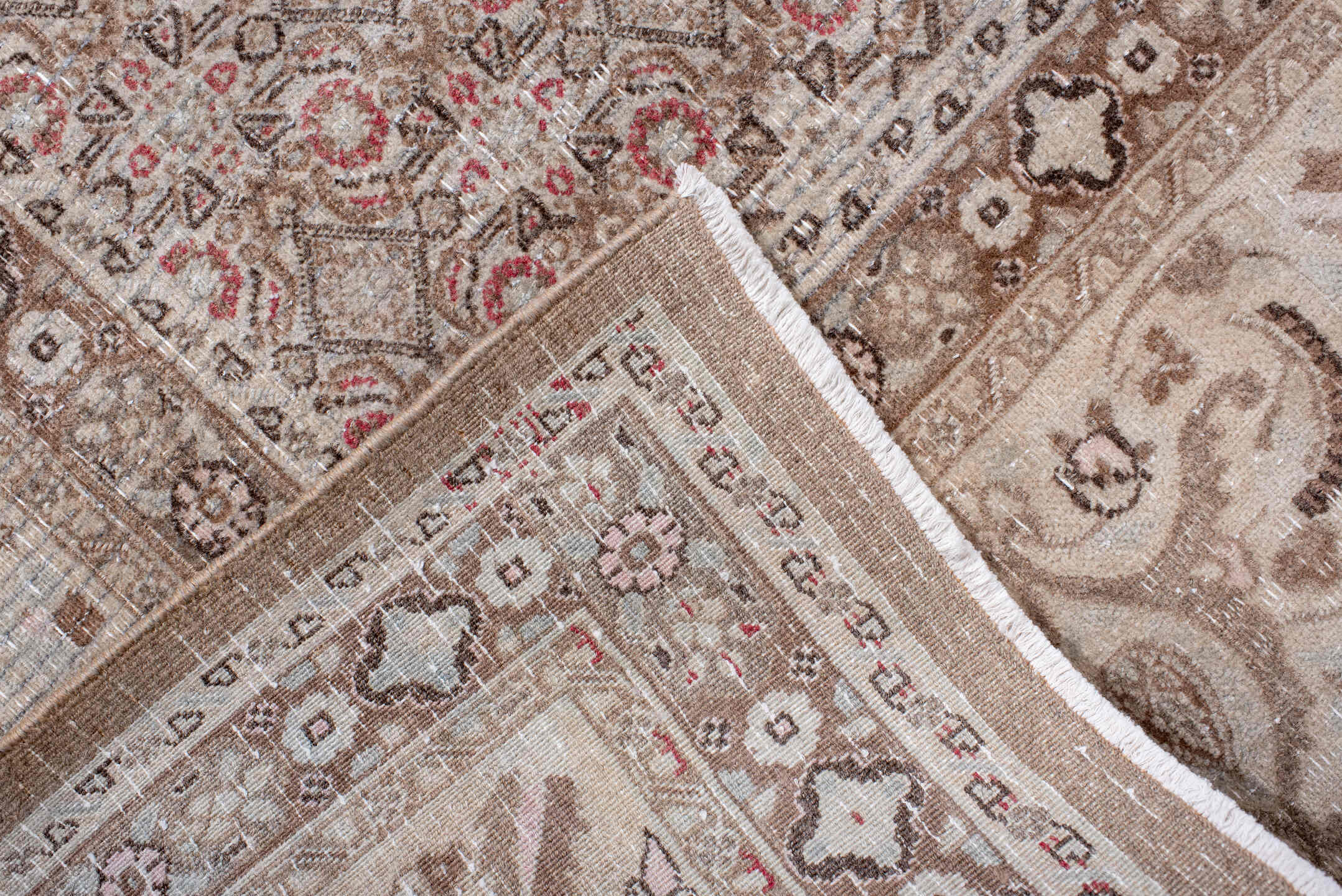 8' x 11' one-of-a-kind handmade antique Tabriz large size rug. Color palette: ivory, taupe, rose, brown, beige, camel, gray