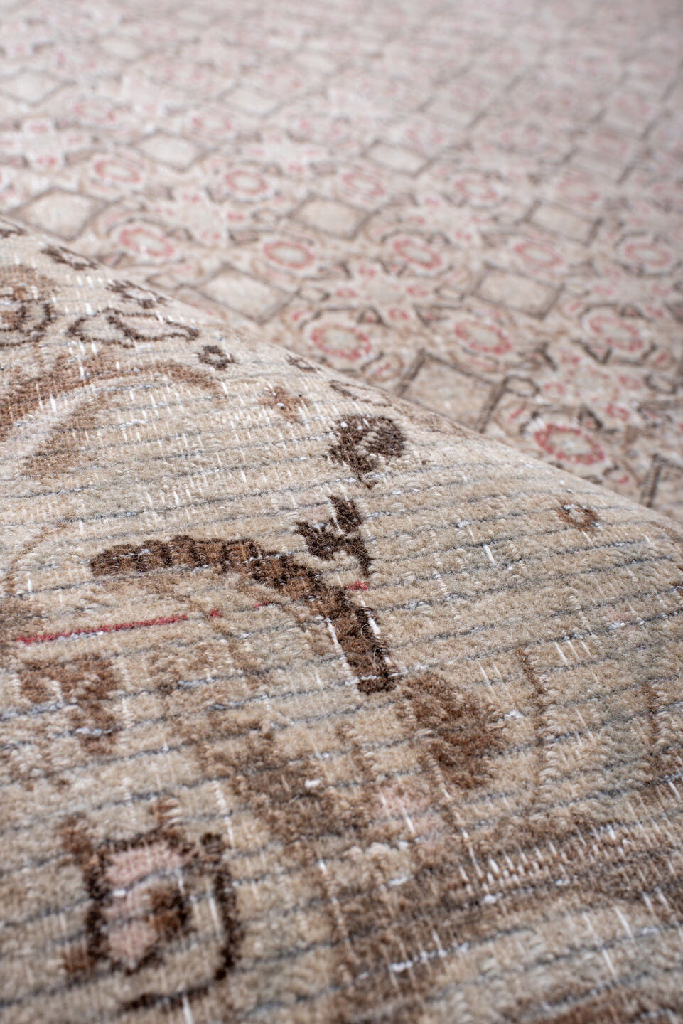 8' x 11' one-of-a-kind handmade antique Tabriz large size rug. Color palette: ivory, taupe, rose, brown, beige, camel, gray