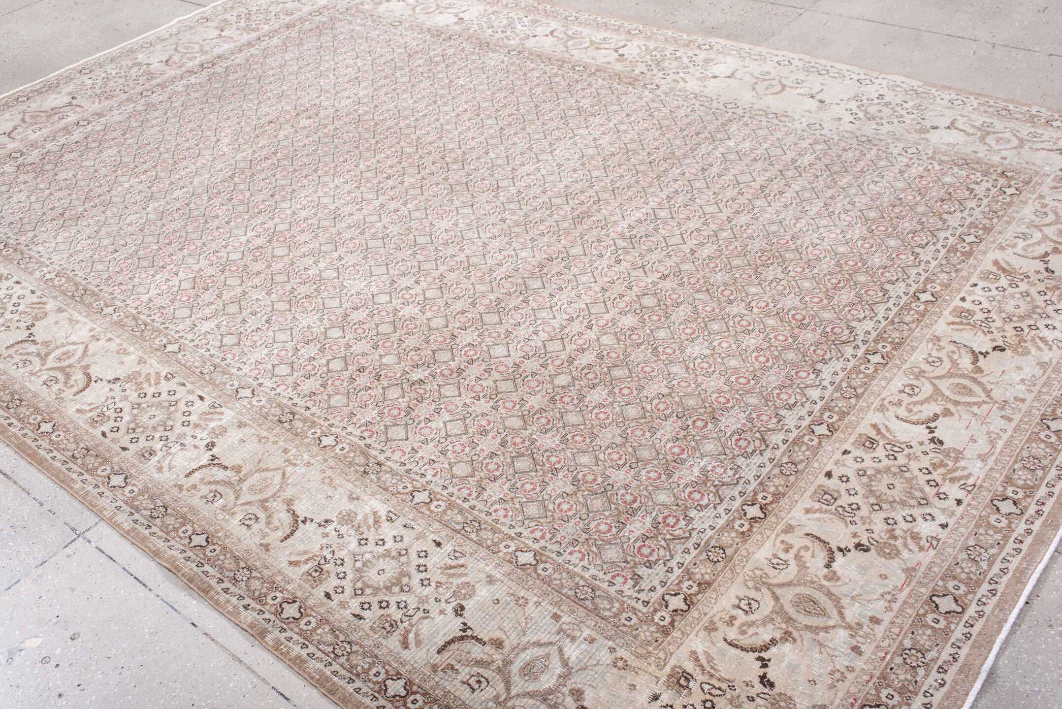 8' x 11' one-of-a-kind handmade antique Tabriz large size rug. Color palette: ivory, taupe, rose, brown, beige, camel, gray