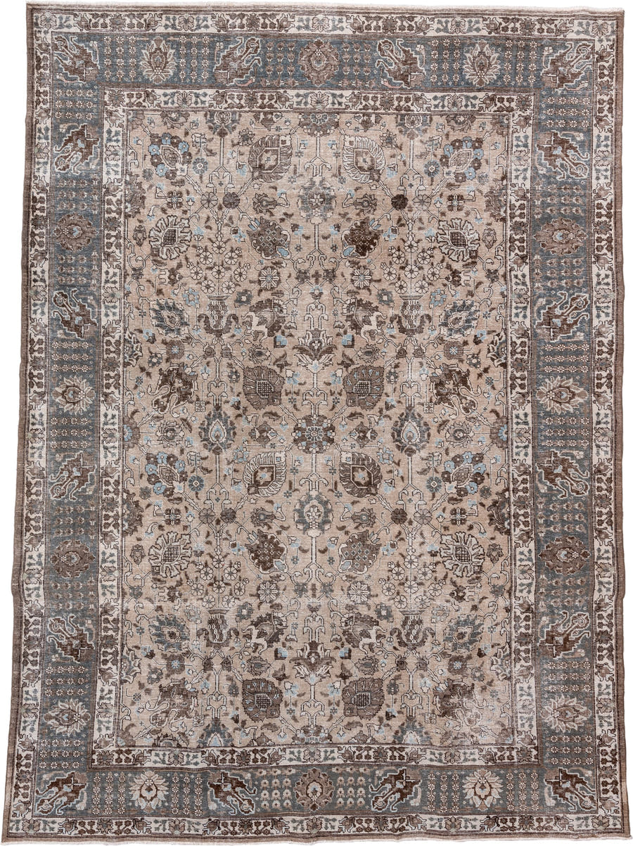 8' x 12' one-of-a-kind handmade vintage Tabriz large size rug. Color palette: beige, slate, brown, ivory, taupe, camel