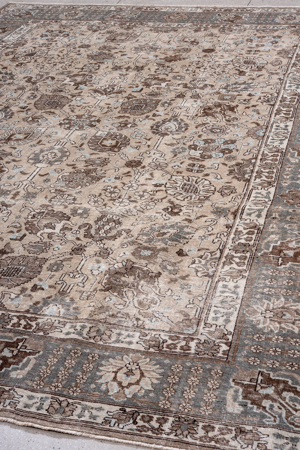 8' x 12' one-of-a-kind handmade vintage Tabriz large size rug. Color palette: beige, slate, brown, ivory, taupe, camel