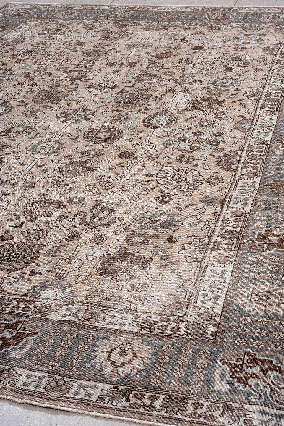 8' x 12' one-of-a-kind handmade vintage Tabriz large size rug. Color palette: beige, slate, brown, ivory, taupe, camel