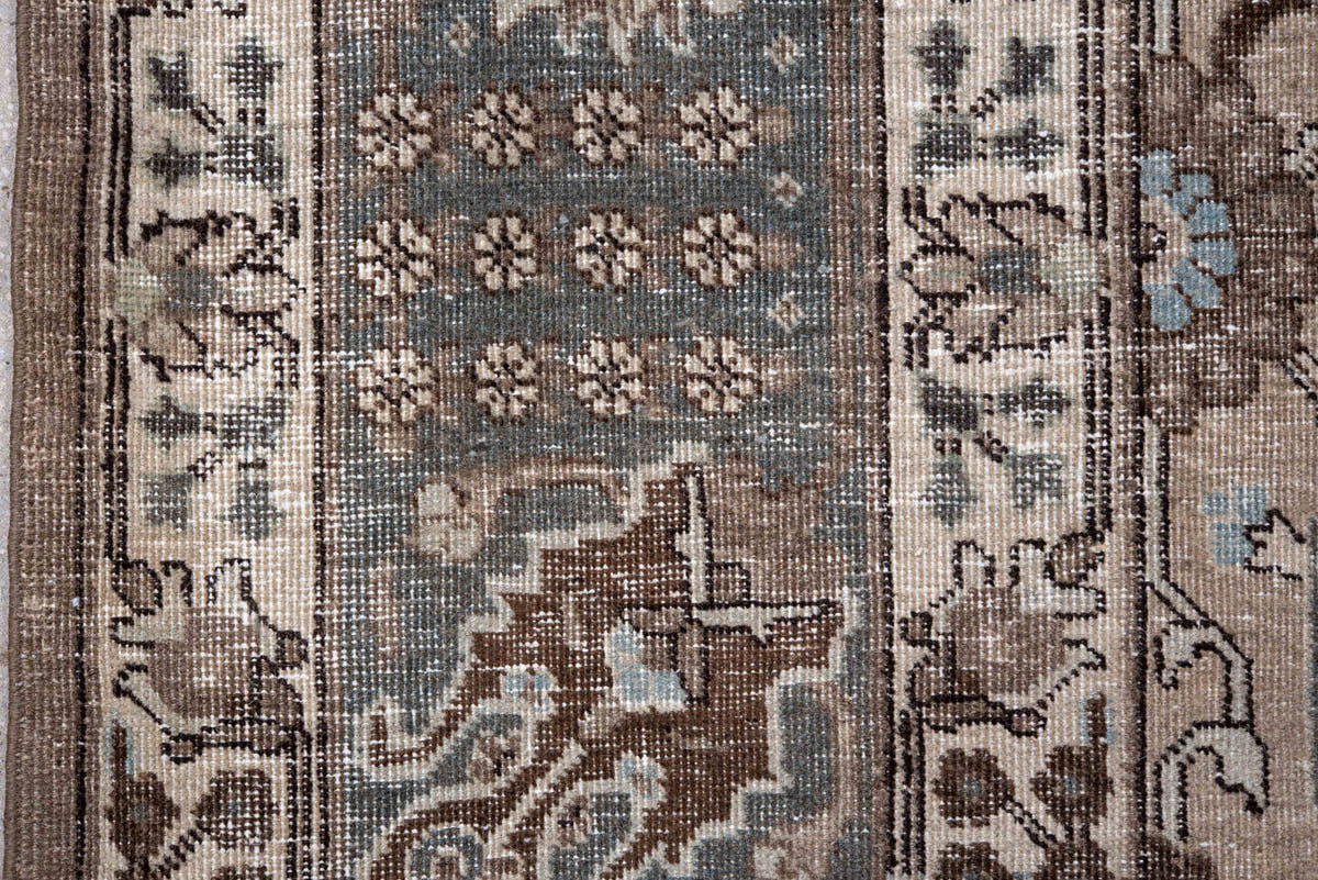 8' x 12' one-of-a-kind handmade vintage Tabriz large size rug. Color palette: beige, slate, brown, ivory, taupe, camel