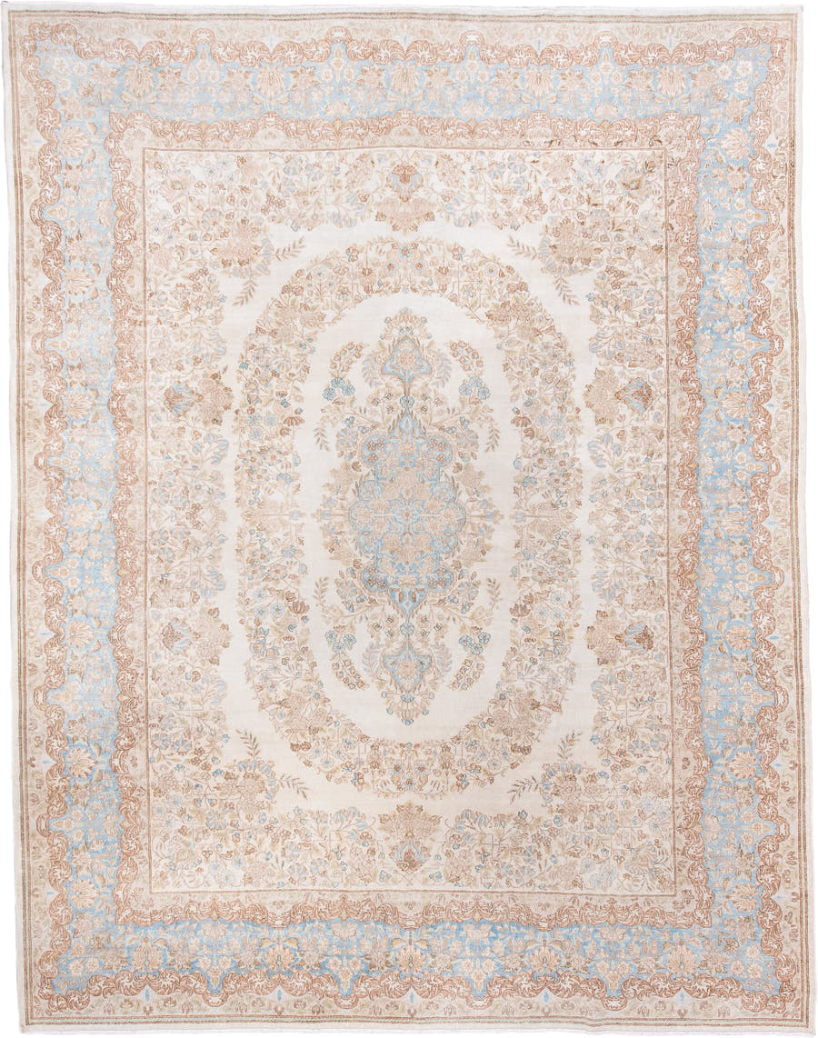 8' x 10' one-of-a-kind handmade antique Kerman large size rug. Color palette: ivory, pale blue, beige, taupe, cream