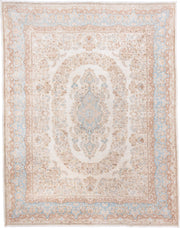 8' x 10' one-of-a-kind handmade antique Kerman large size rug. Color palette: ivory, pale blue, beige, taupe, cream