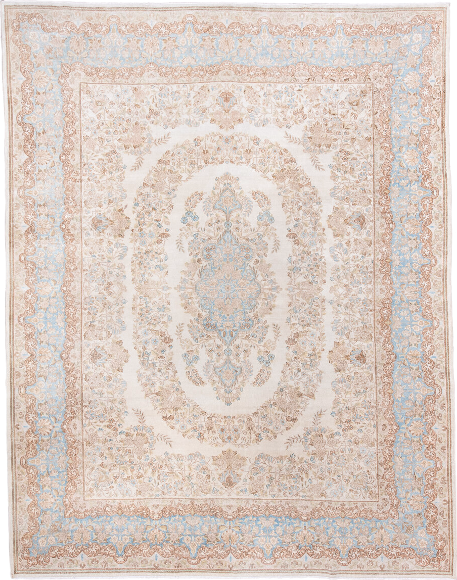 8' x 10' one-of-a-kind handmade antique Kerman large size rug. Color palette: ivory, pale blue, beige, taupe, cream