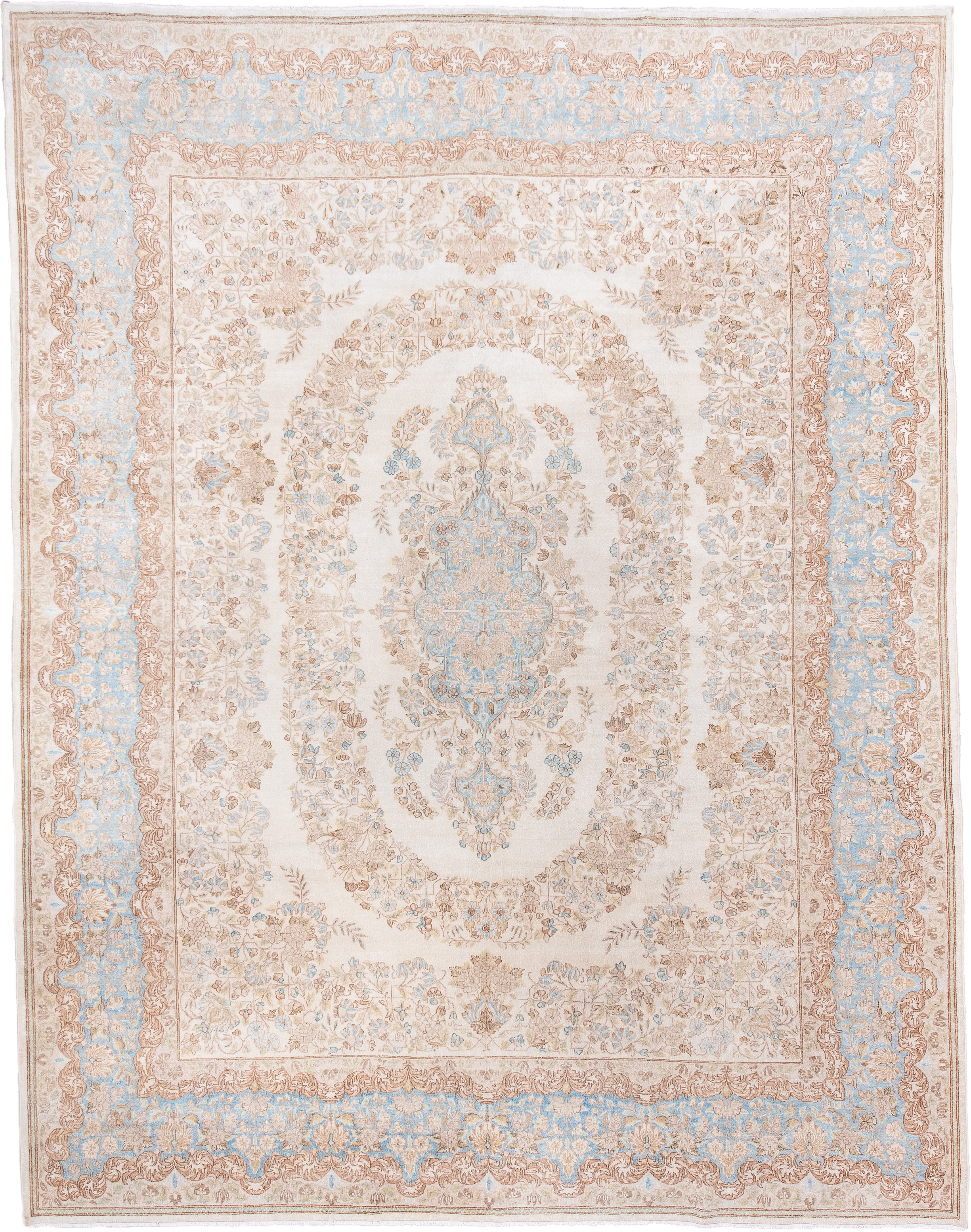 8' x 10' one-of-a-kind handmade antique Kerman large size rug. Color palette: ivory, pale blue, beige, taupe, cream