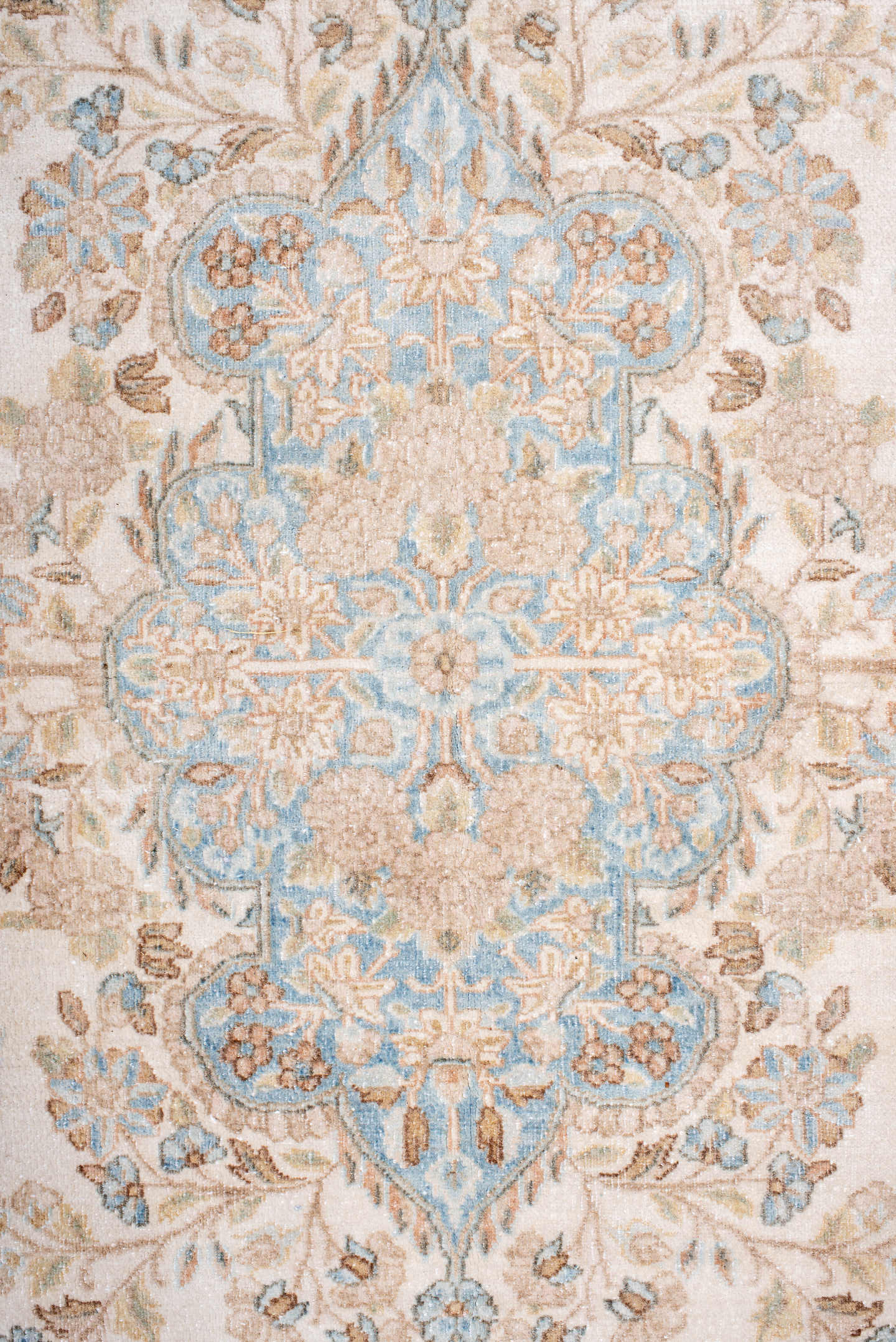 8' x 10' one-of-a-kind handmade antique Kerman large size rug. Color palette: ivory, pale blue, beige, taupe, cream
