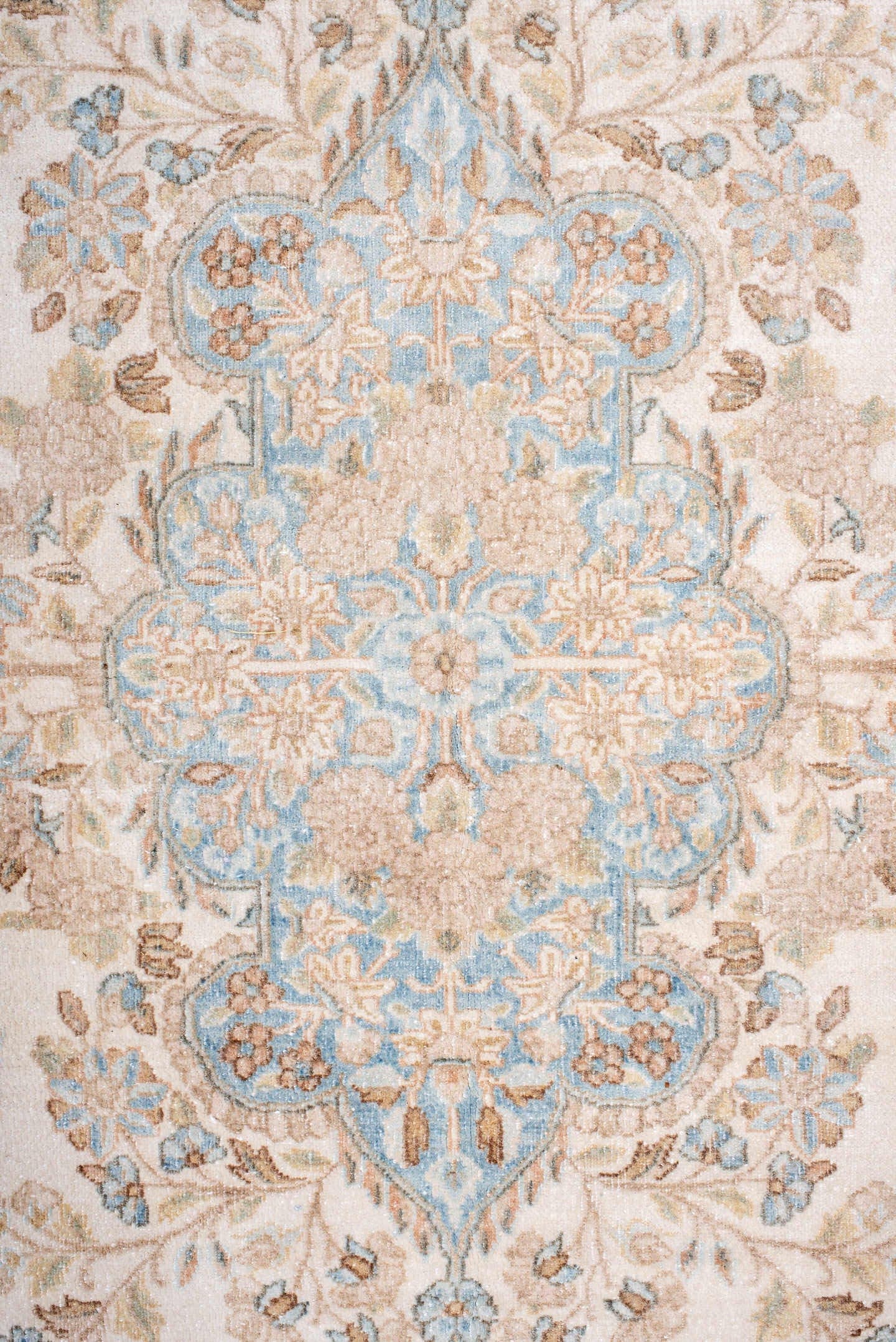 8' x 10' one-of-a-kind handmade antique Kerman large size rug. Color palette: ivory, pale blue, beige, taupe, cream
