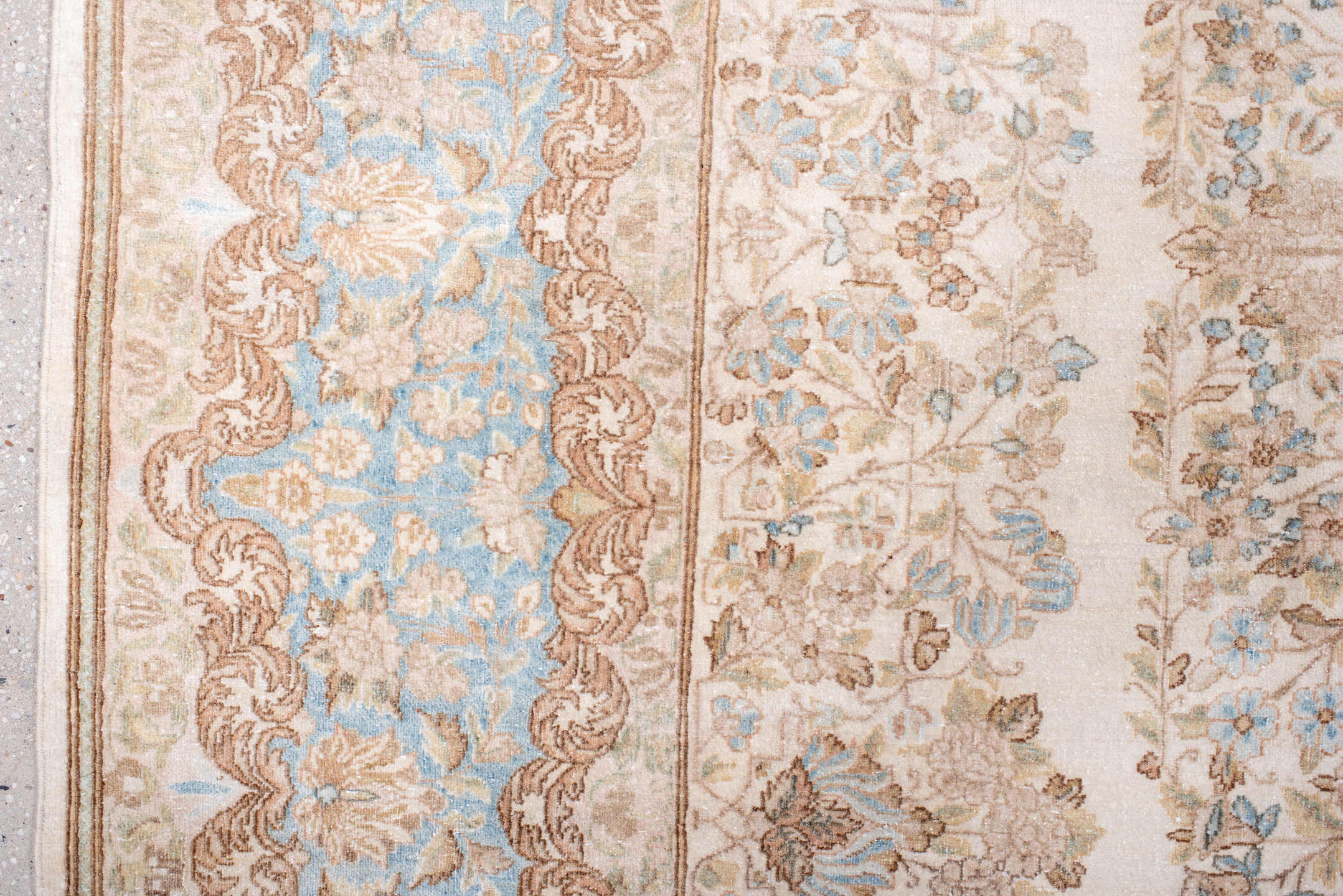 8' x 10' one-of-a-kind handmade antique Kerman large size rug. Color palette: ivory, pale blue, beige, taupe, cream