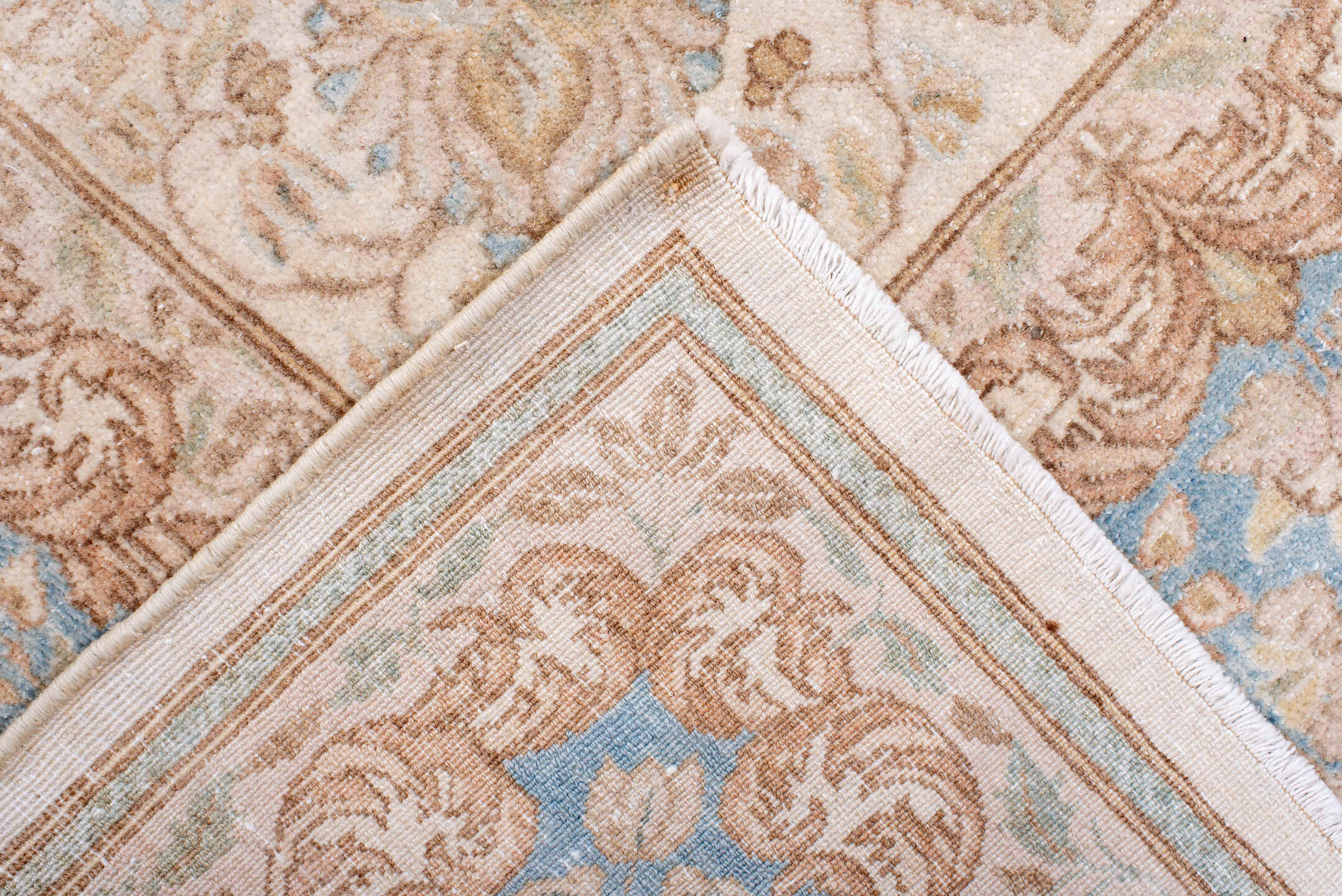 8' x 10' one-of-a-kind handmade antique Kerman large size rug. Color palette: ivory, pale blue, beige, taupe, cream