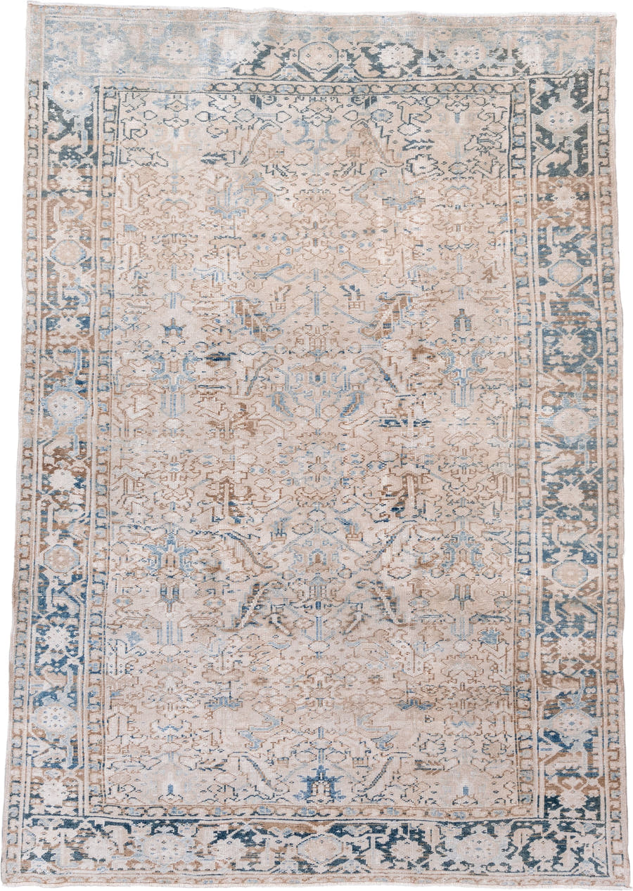 7' x 10' one-of-a-kind handmade vintage Heriz large size rug. Color palette: ivory, sky blue, taupe, slate, beige, charcoal