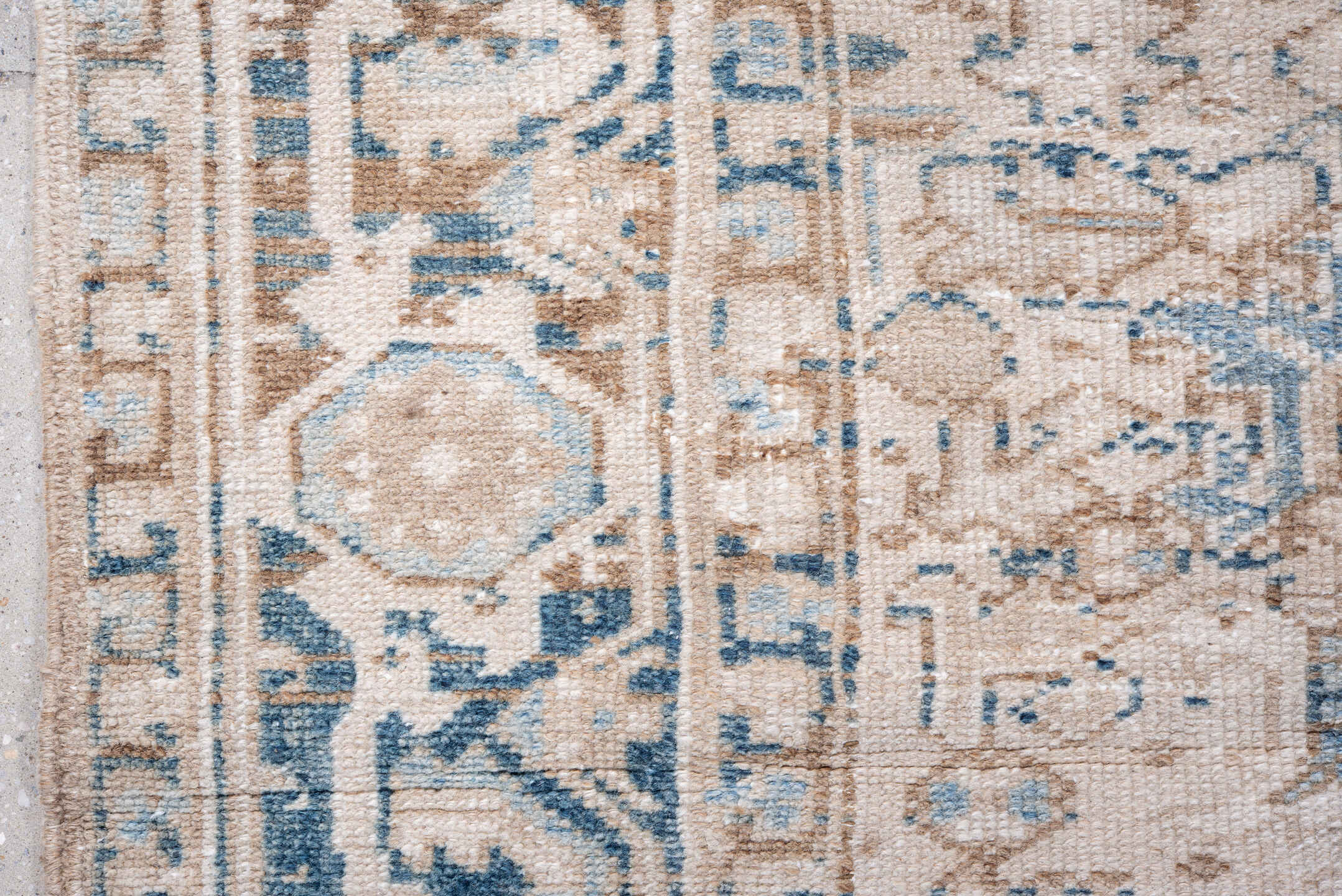 7' x 10' one-of-a-kind handmade vintage Heriz large size rug. Color palette: ivory, sky blue, taupe, slate, beige, charcoal