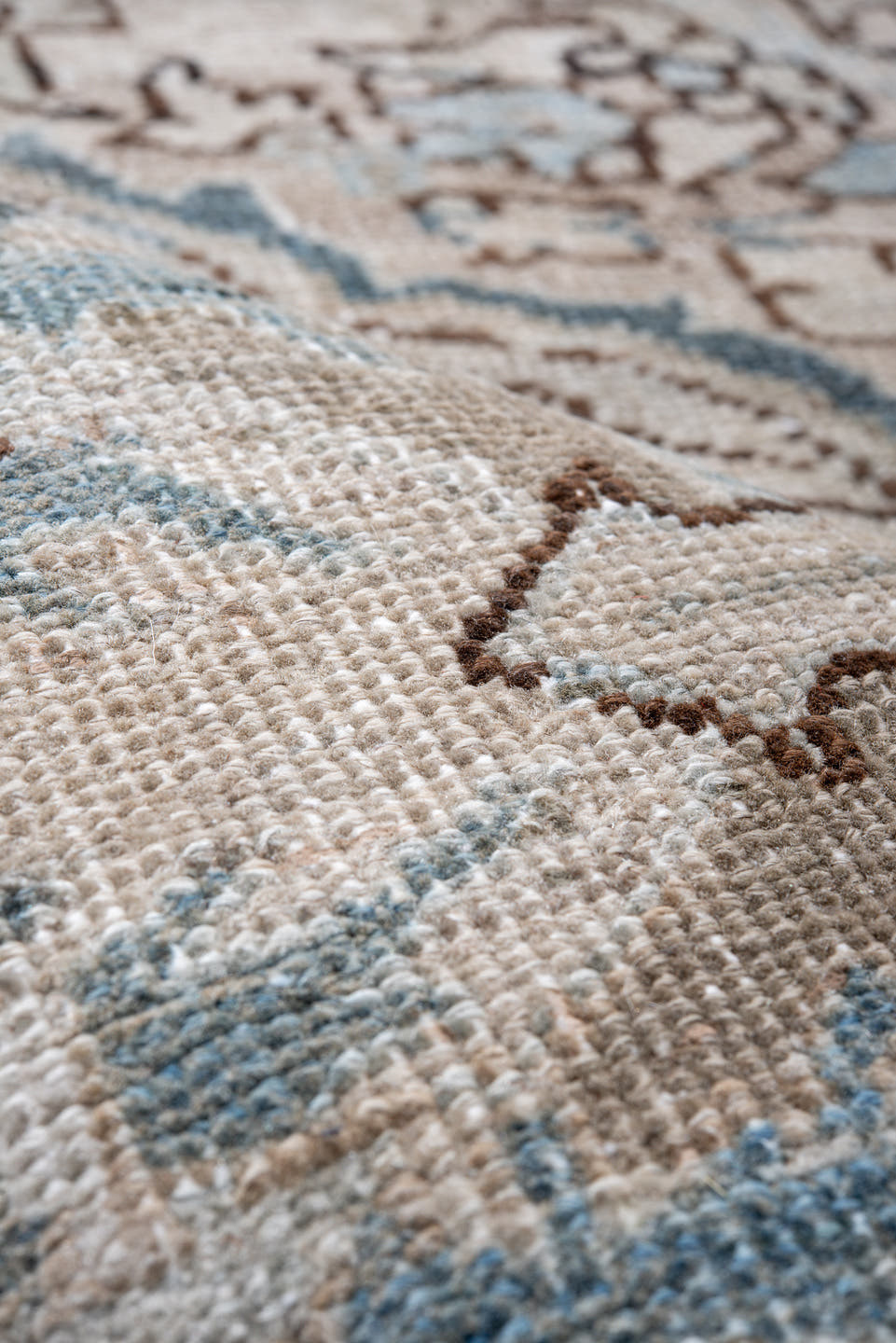 8' x 11' one-of-a-kind handmade vintage Heriz large size rug. Color palette: ivory, powder blue, taupe, beige, light gray
