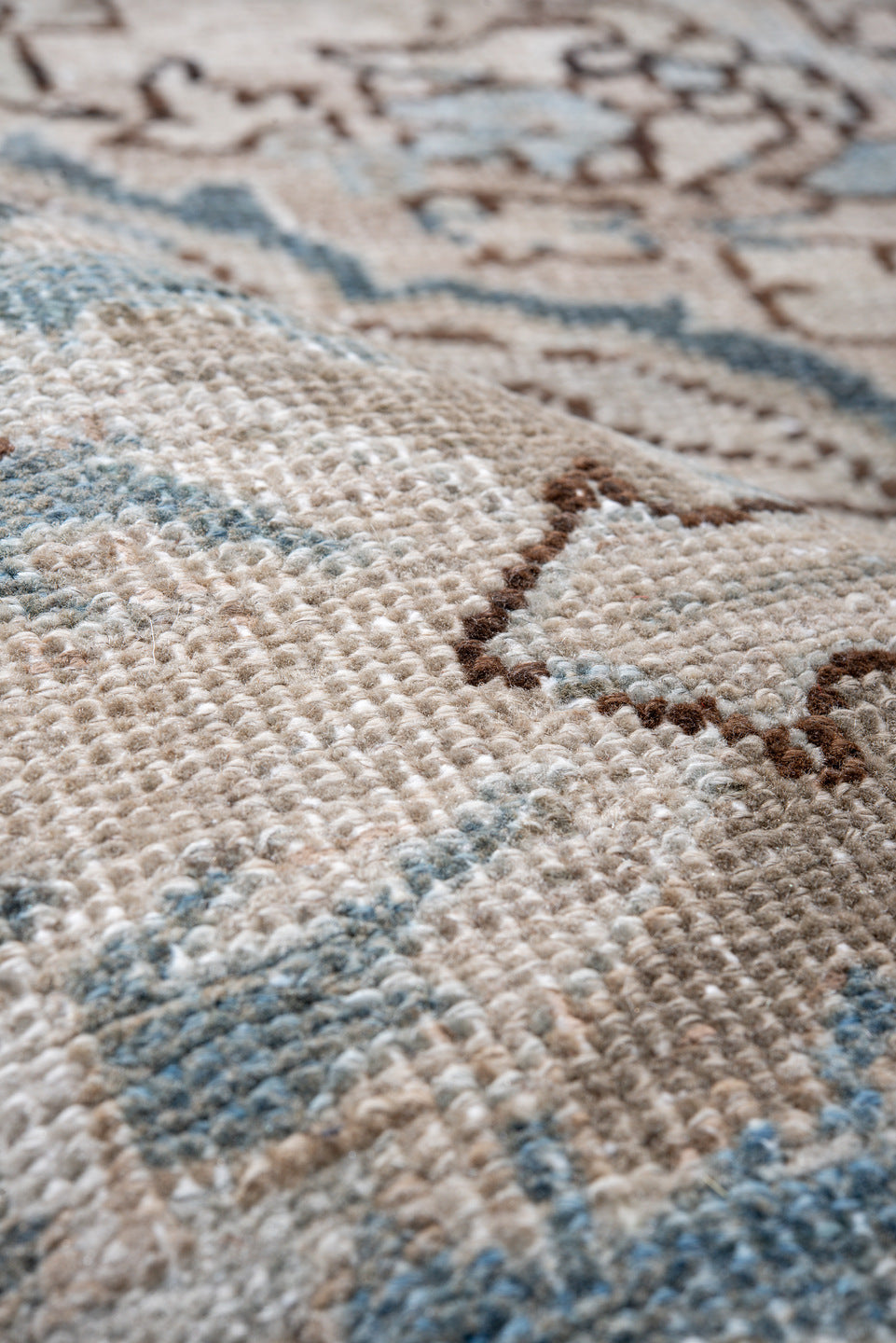 8' x 11' one-of-a-kind handmade vintage Heriz large size rug. Color palette: ivory, powder blue, taupe, beige, light gray