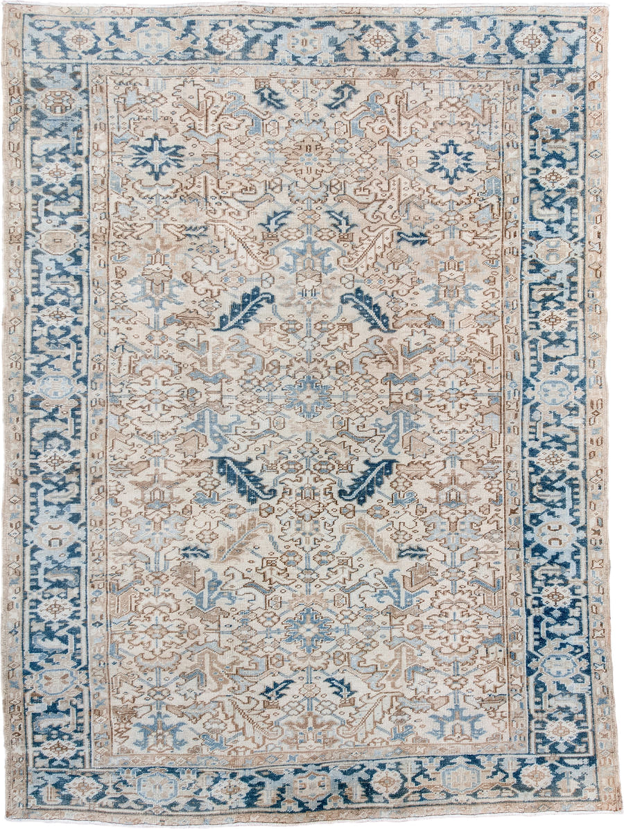 6' x 9' one-of-a-kind handmade antique Heriz rug. Color palette: ivory, sky blue, beige, navy, taupe, light blue, blue, gray