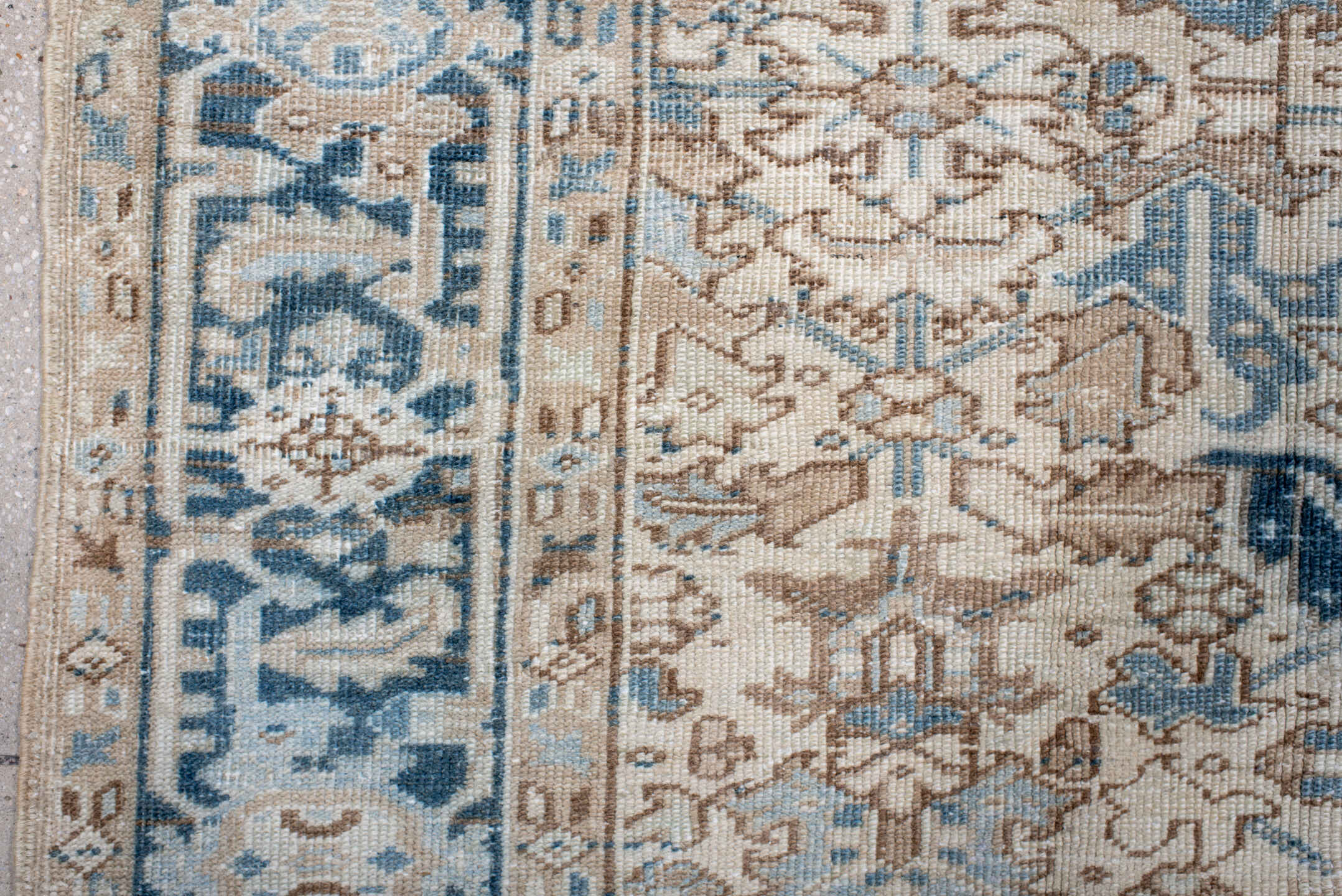 6' x 9' one-of-a-kind handmade antique Heriz rug. Color palette: ivory, sky blue, beige, navy, taupe, light blue, blue, gray