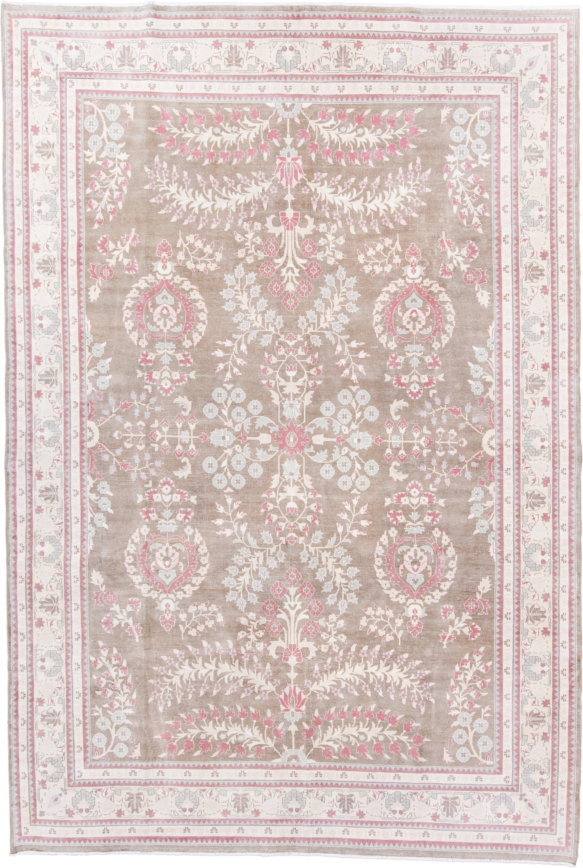 7' x 11' one-of-a-kind handmade antique Sivas large size rug. Color palette: taupe, ivory, rose, blush, pale blue, cream