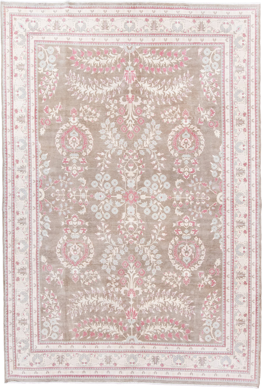 7' x 11' one-of-a-kind handmade antique Sivas large size rug. Color palette: taupe, ivory, rose, blush, pale blue, cream