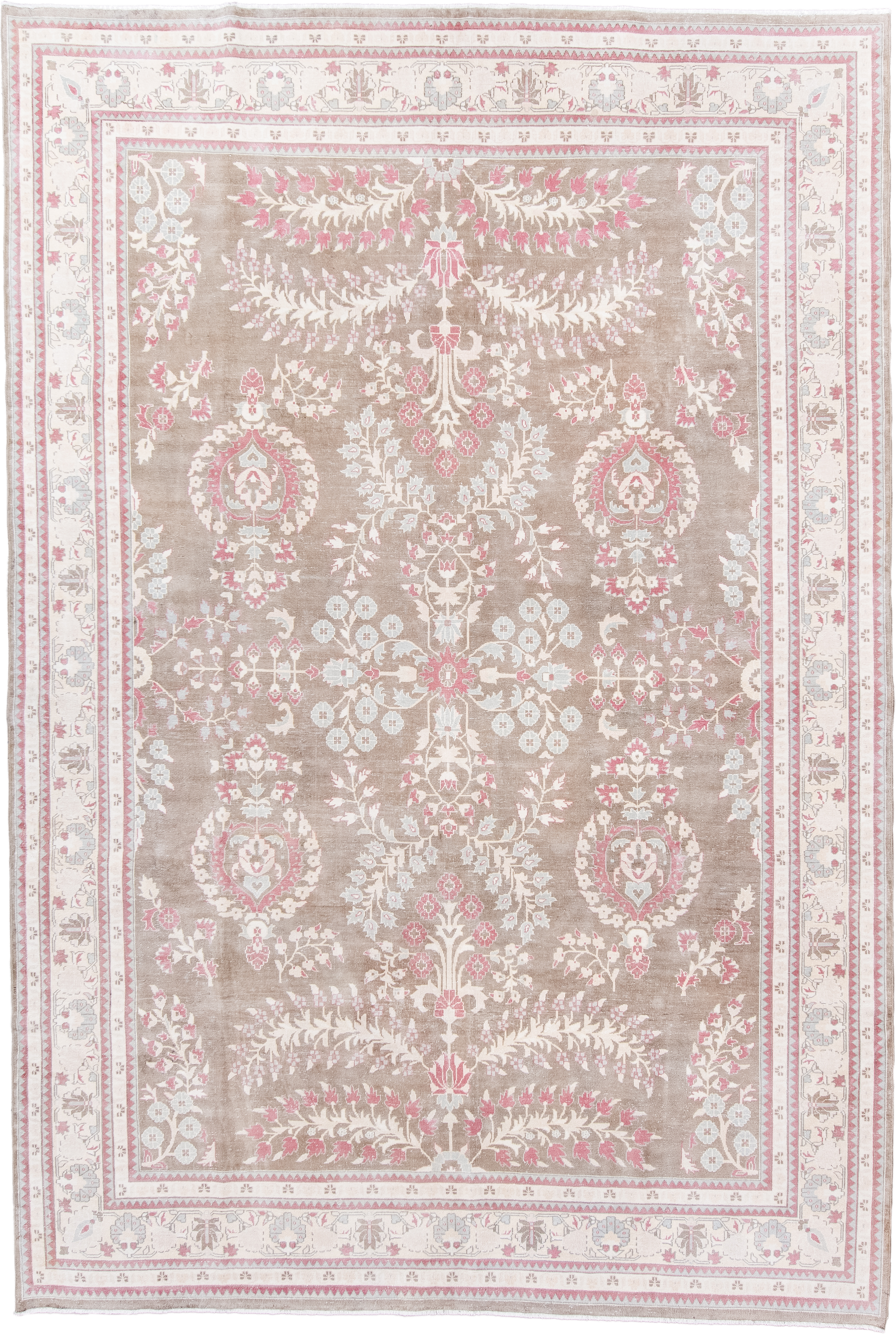 7' x 11' one-of-a-kind handmade antique Sivas large size rug. Color palette: taupe, ivory, rose, blush, pale blue, cream