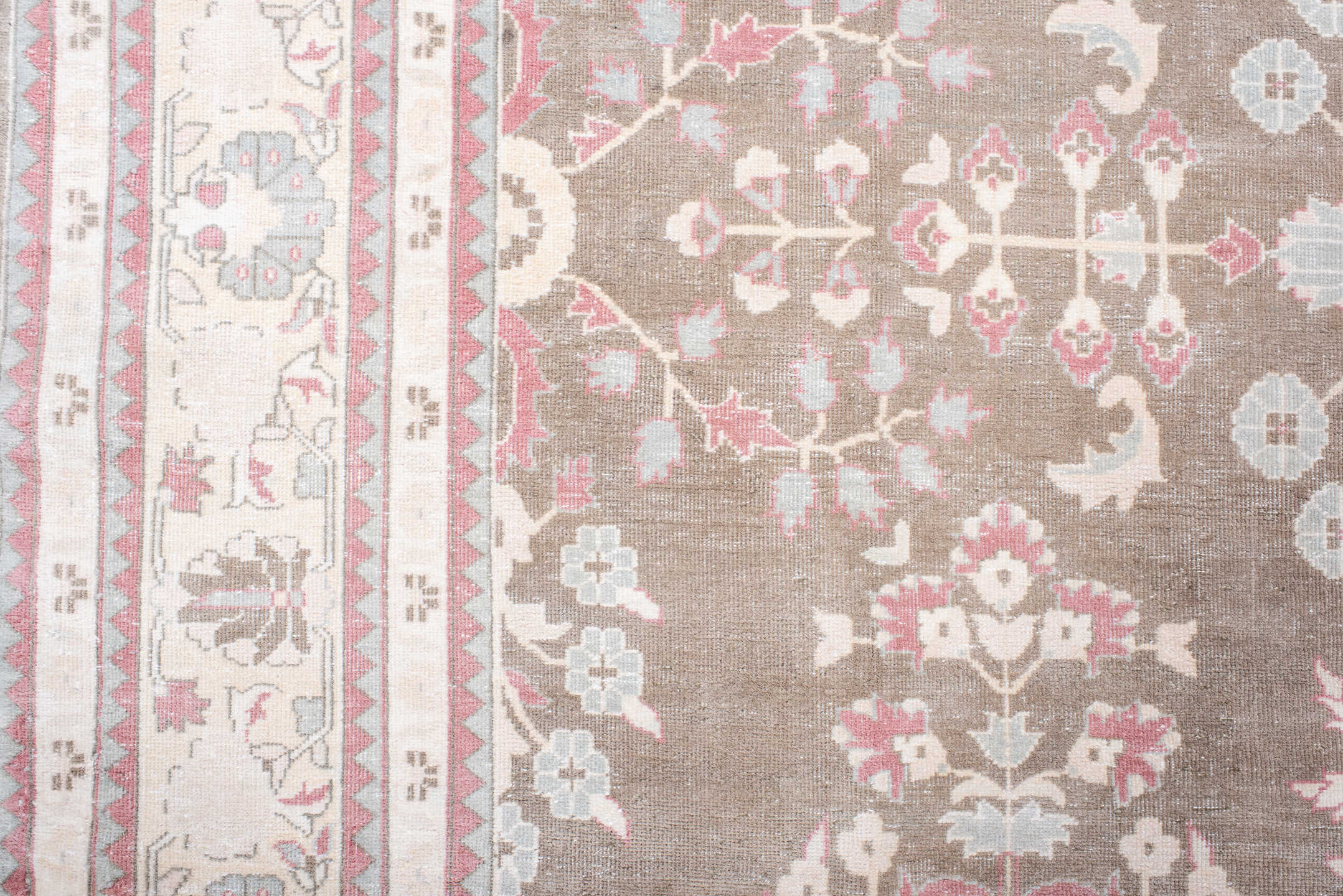 7' x 11' one-of-a-kind handmade antique Sivas large size rug. Color palette: taupe, ivory, rose, blush, pale blue, cream