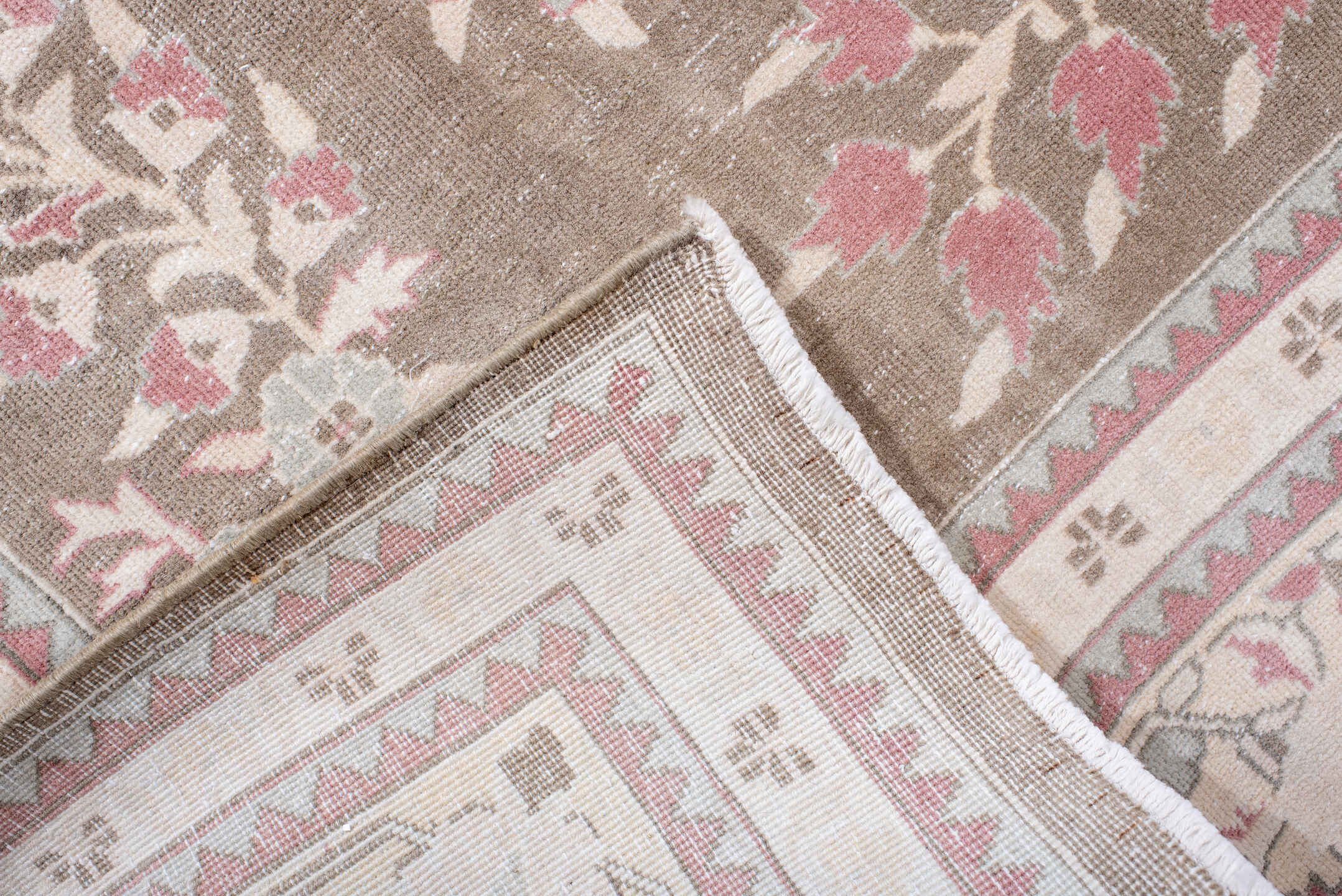 7' x 11' one-of-a-kind handmade antique Sivas large size rug. Color palette: taupe, ivory, rose, blush, pale blue, cream