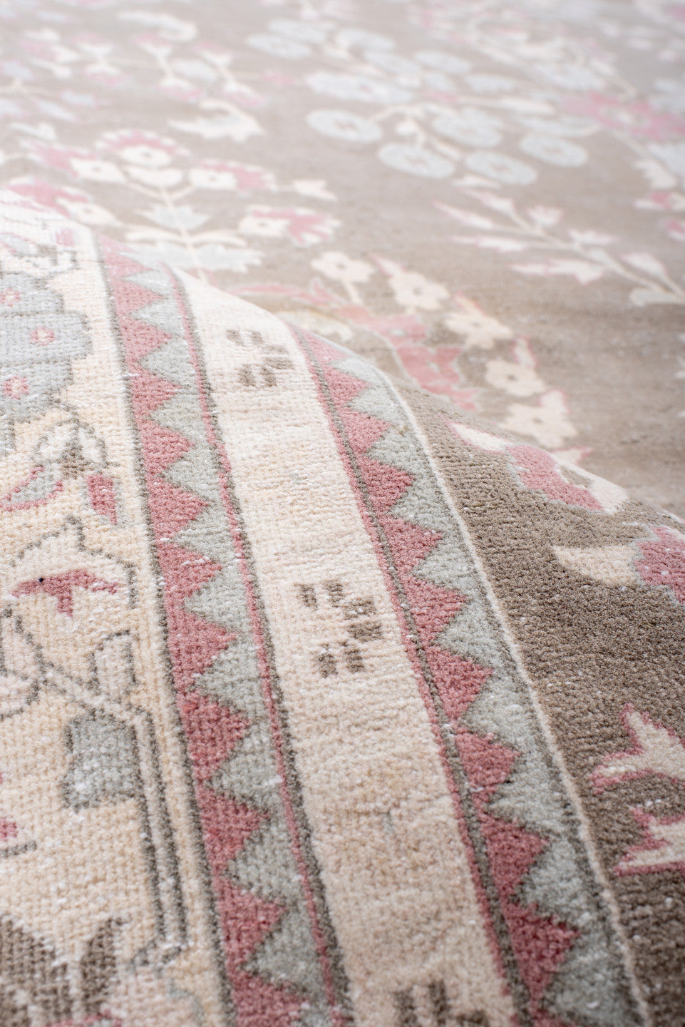 7' x 11' one-of-a-kind handmade antique Sivas large size rug. Color palette: taupe, ivory, rose, blush, pale blue, cream