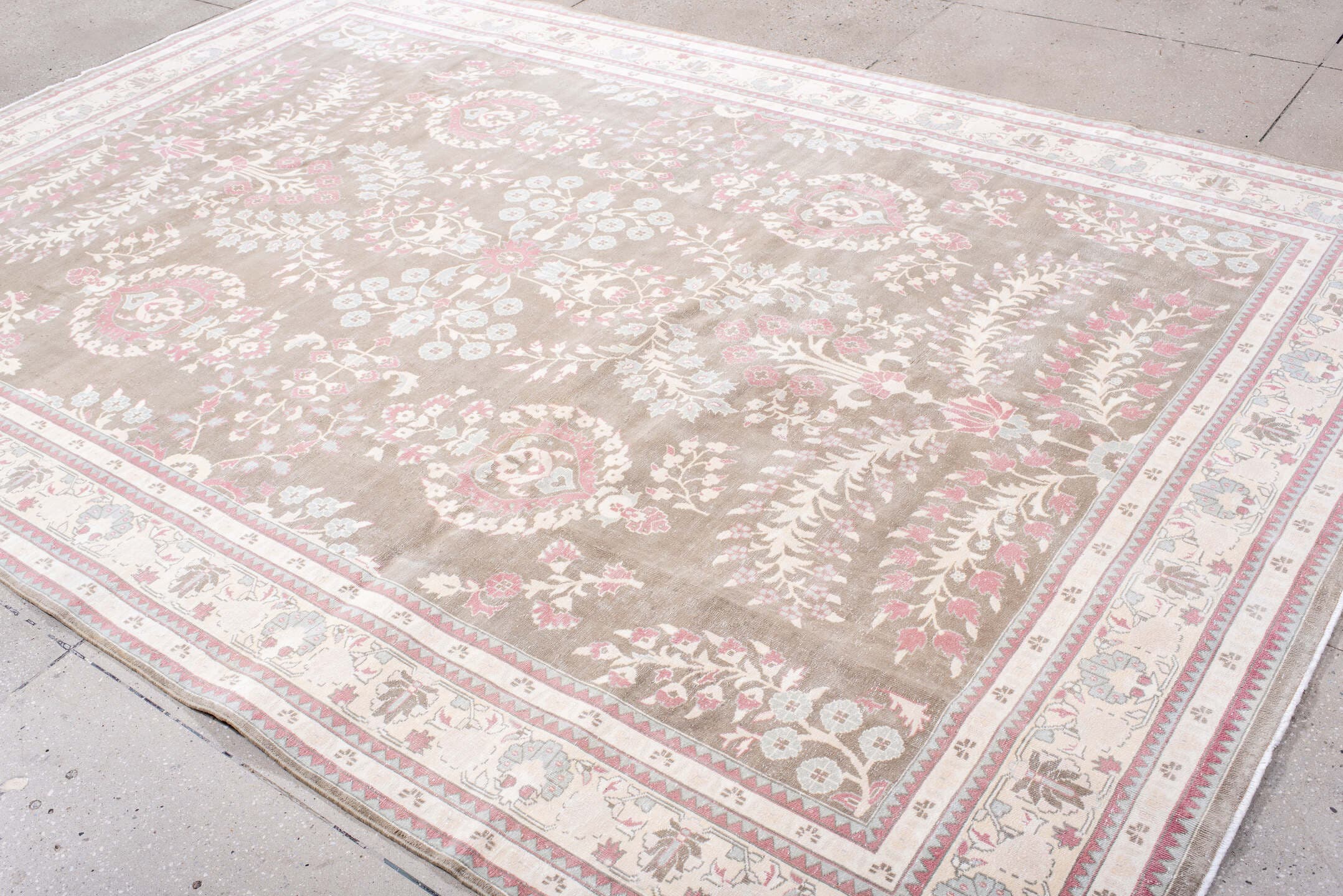 7' x 11' one-of-a-kind handmade antique Sivas large size rug. Color palette: taupe, ivory, rose, blush, pale blue, cream