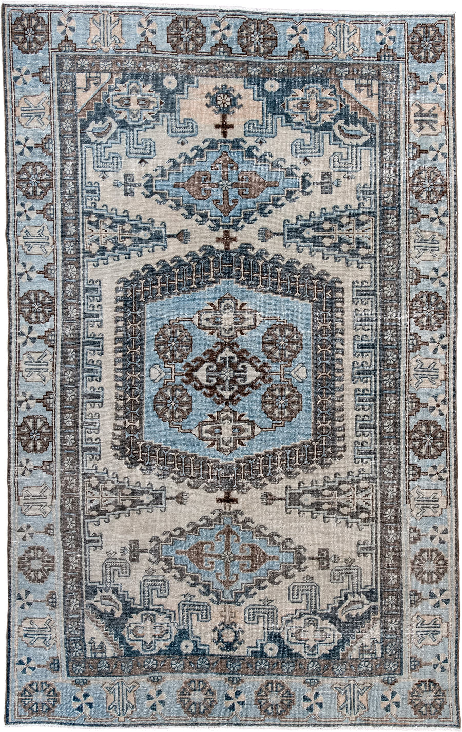 6' x 9' one-of-a-kind handmade antique Veece medium size rug. Color palette: ivory, sky blue, slate, taupe, brown, charcoal