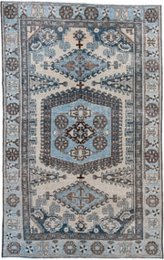 6' x 9' one-of-a-kind handmade antique Veece medium size rug. Color palette: ivory, sky blue, slate, taupe, brown, charcoal