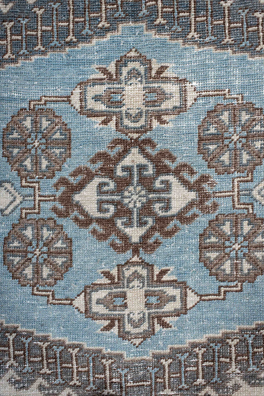 6' x 9' one-of-a-kind handmade antique Veece medium size rug. Color palette: ivory, sky blue, slate, taupe, brown, charcoal