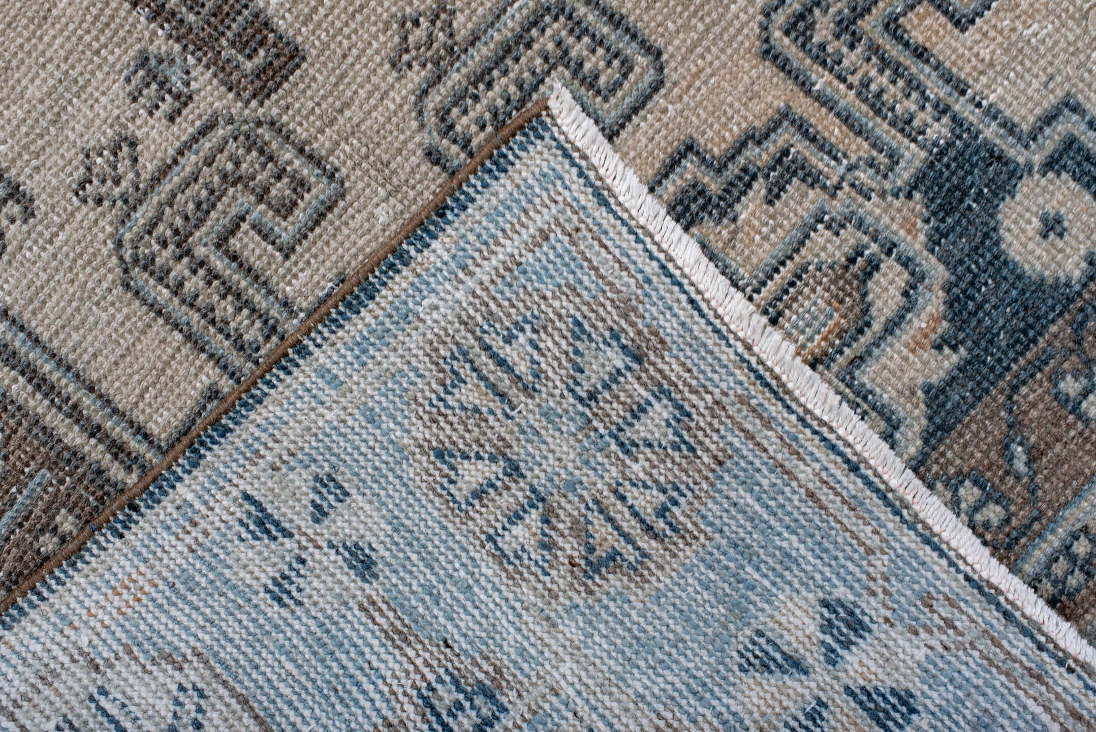 6' x 9' one-of-a-kind handmade antique Veece medium size rug. Color palette: ivory, sky blue, slate, taupe, brown, charcoal