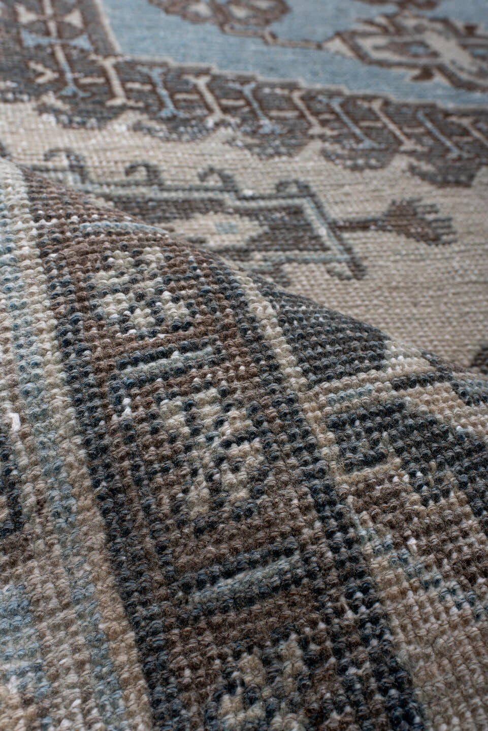 6' x 9' one-of-a-kind handmade antique Veece medium size rug. Color palette: ivory, sky blue, slate, taupe, brown, charcoal