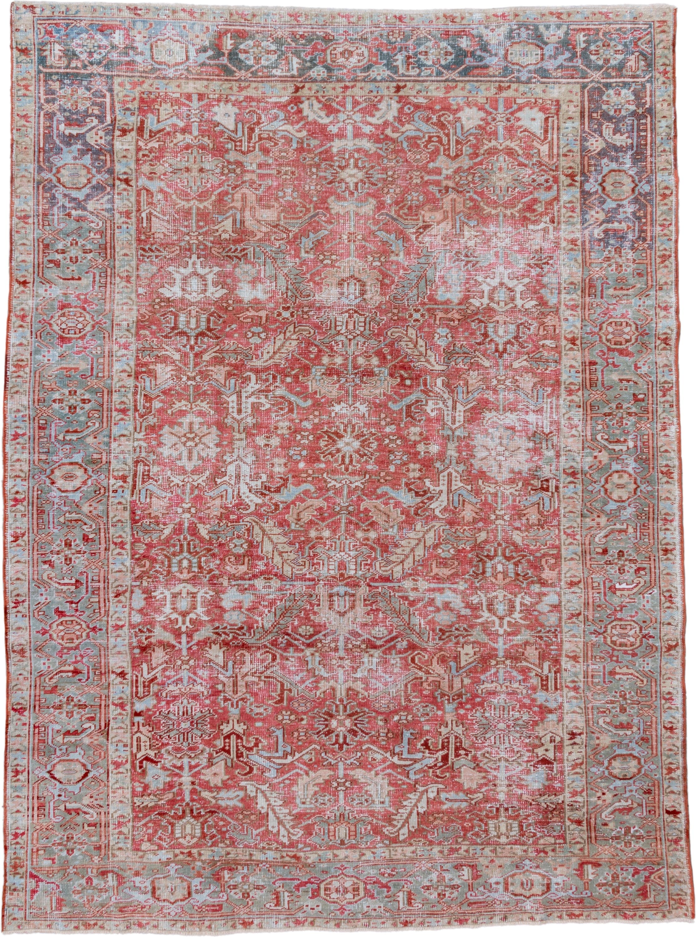 7' x 10' one-of-a-kind handmade vintage Heriz large size rug. Color palette: coral, pale blue, ivory, rust, rose, taupe