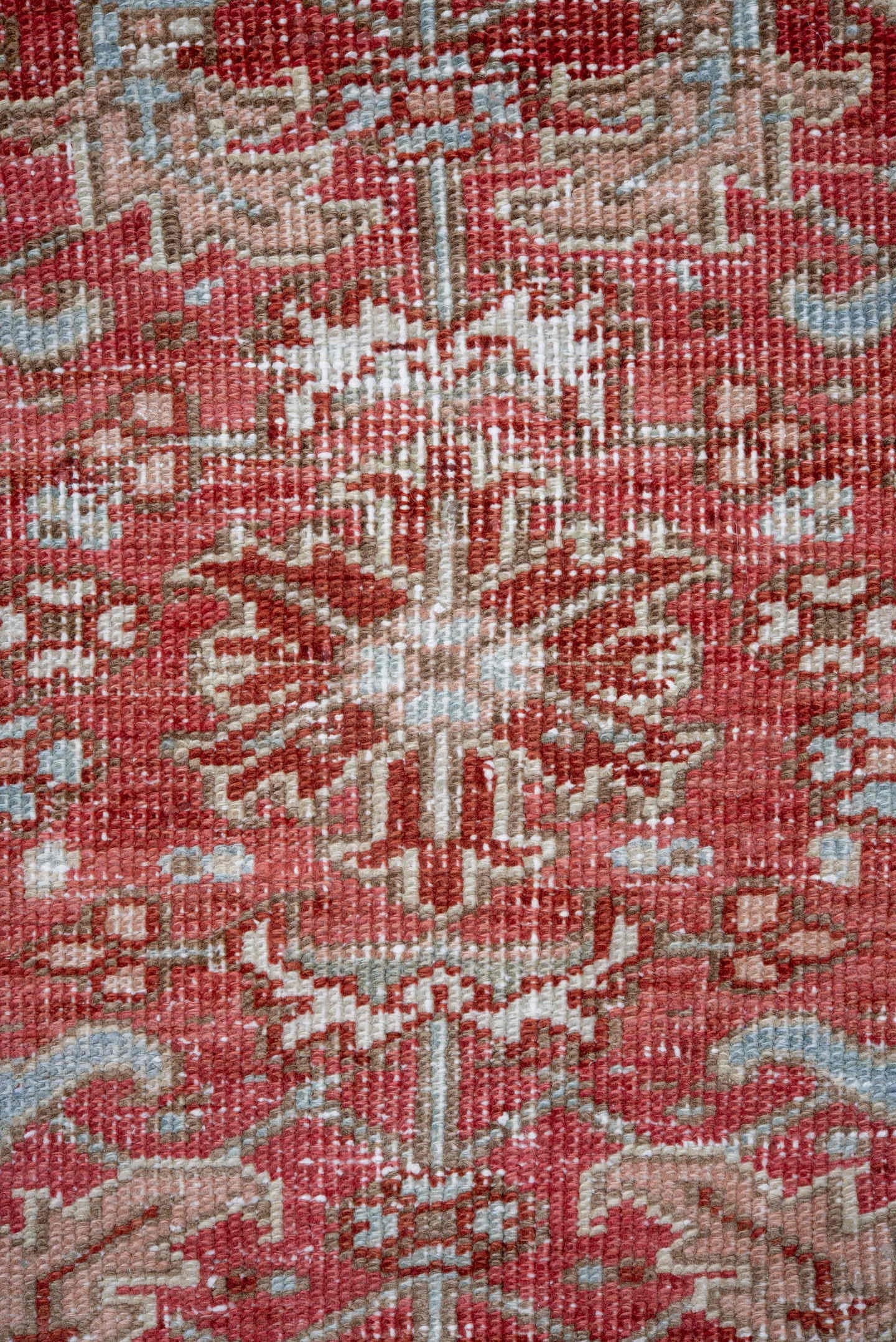 7' x 10' one-of-a-kind handmade vintage Heriz large size rug. Color palette: coral, pale blue, ivory, rust, rose, taupe