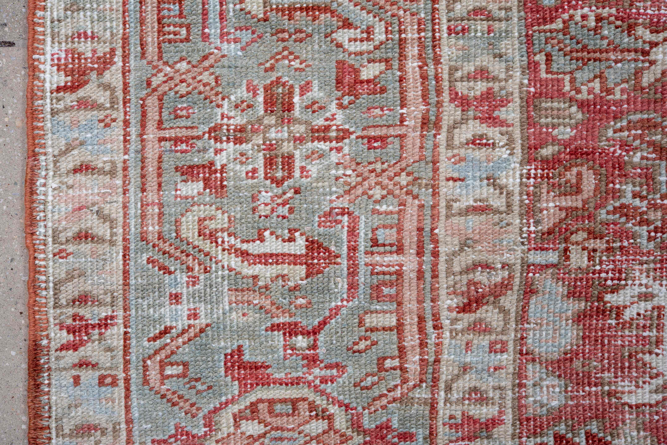 7' x 10' one-of-a-kind handmade vintage Heriz large size rug. Color palette: coral, pale blue, ivory, rust, rose, taupe