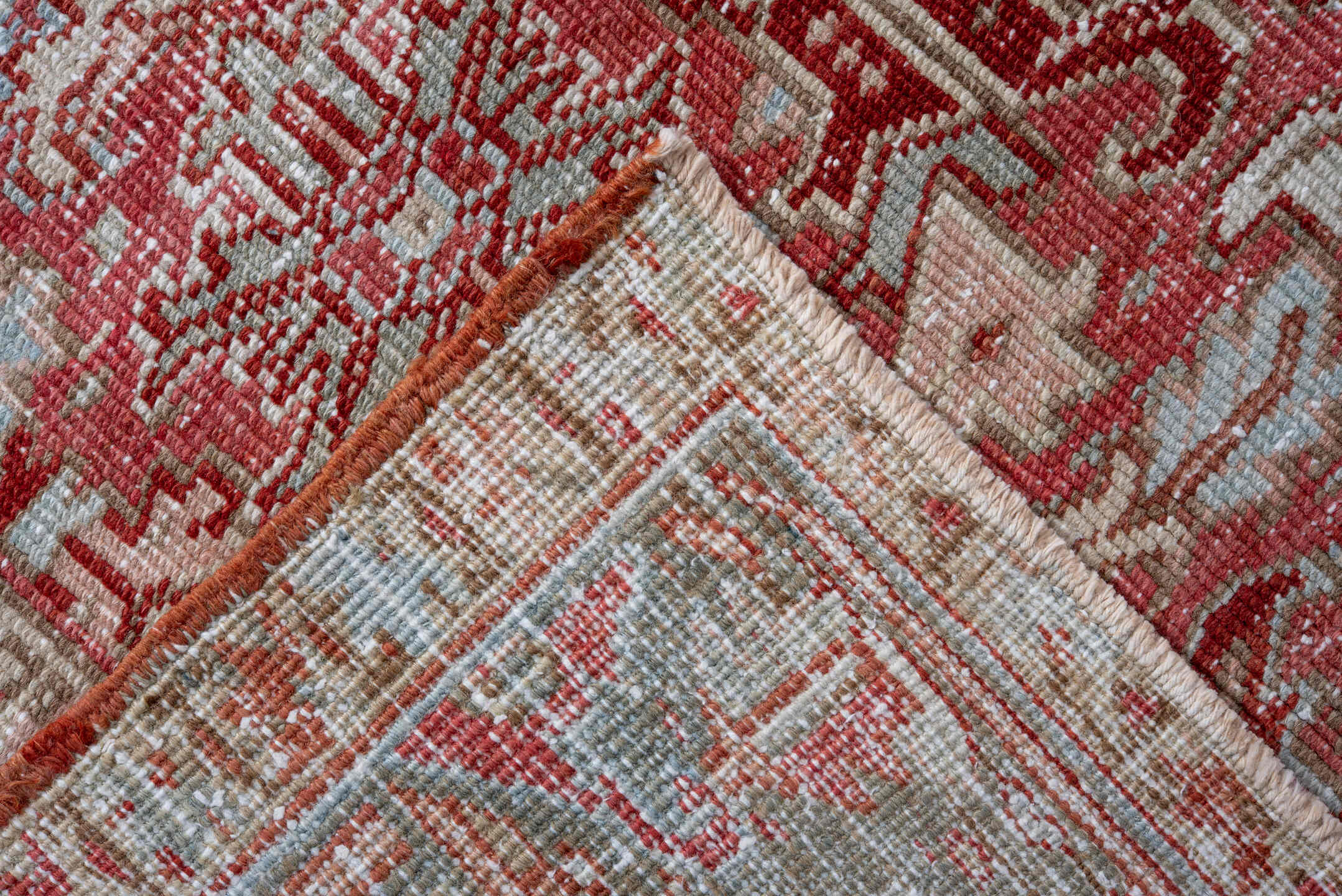 7' x 10' one-of-a-kind handmade vintage Heriz large size rug. Color palette: coral, pale blue, ivory, rust, rose, taupe