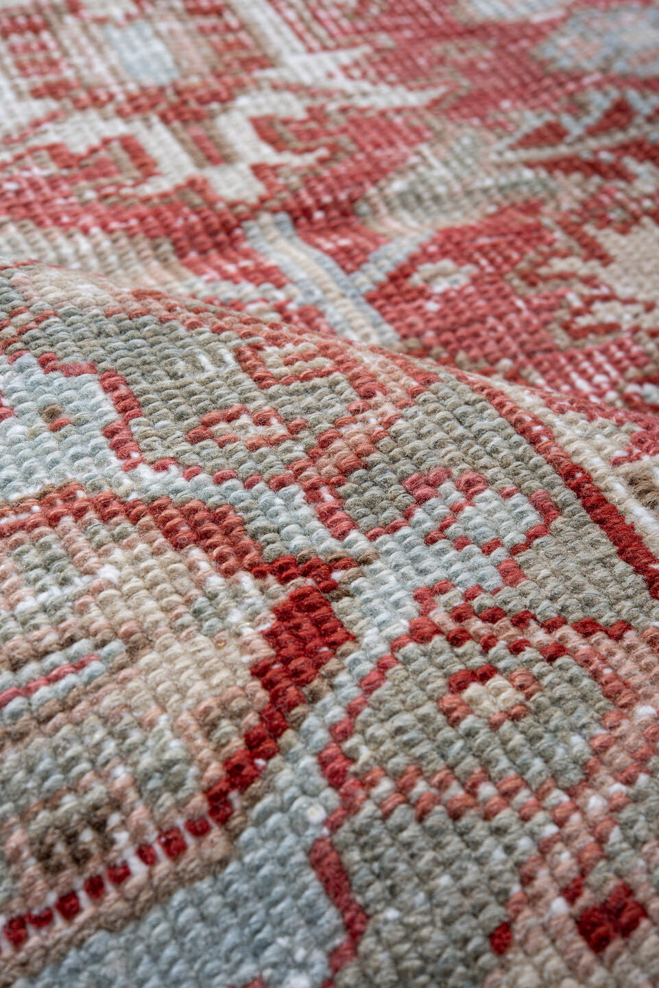7' x 10' one-of-a-kind handmade vintage Heriz large size rug. Color palette: coral, pale blue, ivory, rust, rose, taupe
