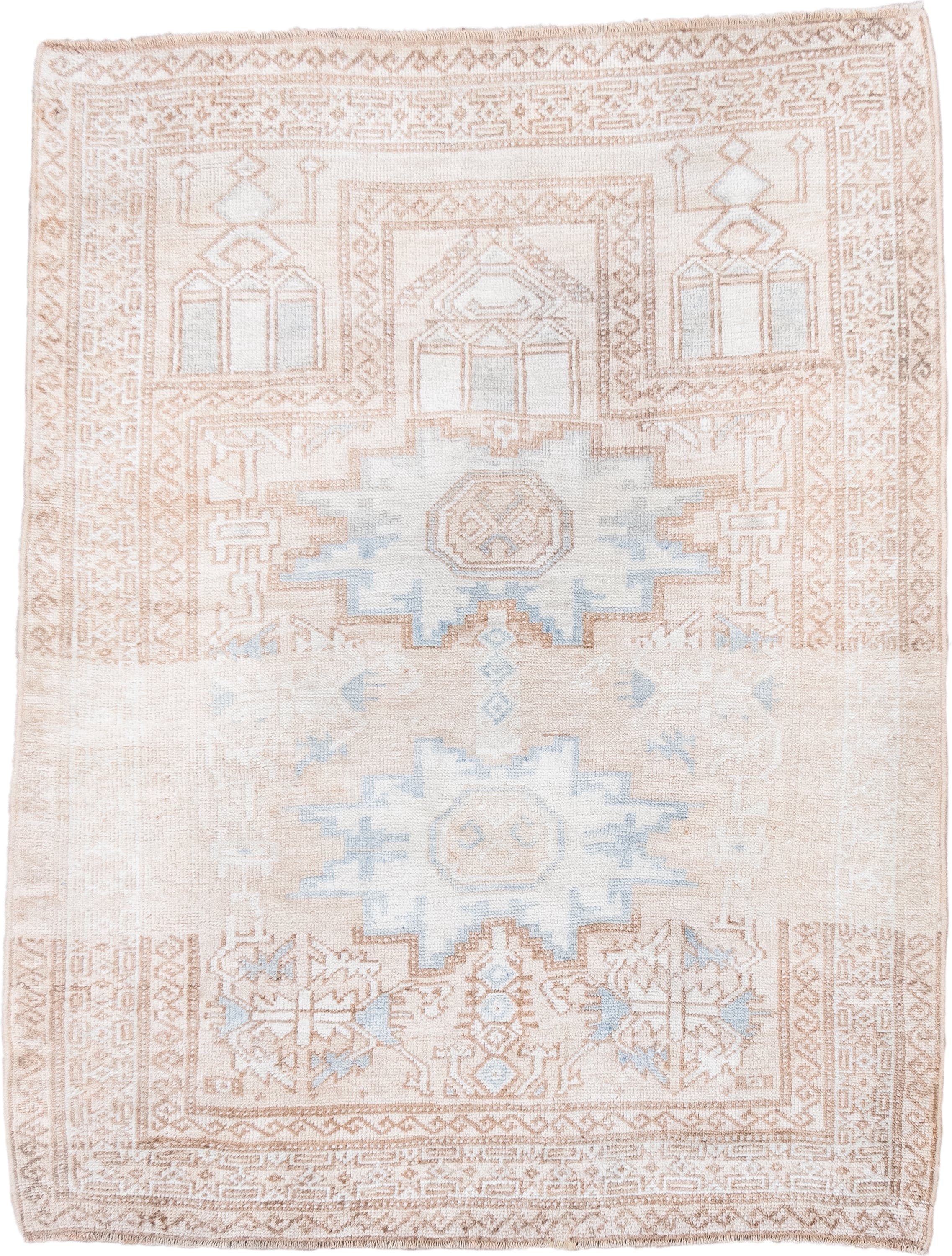 3' x 4' one-of-a-kind handmade antique Belouch small size rug. Color palette: ivory, camel, pale blue, beige, taupe