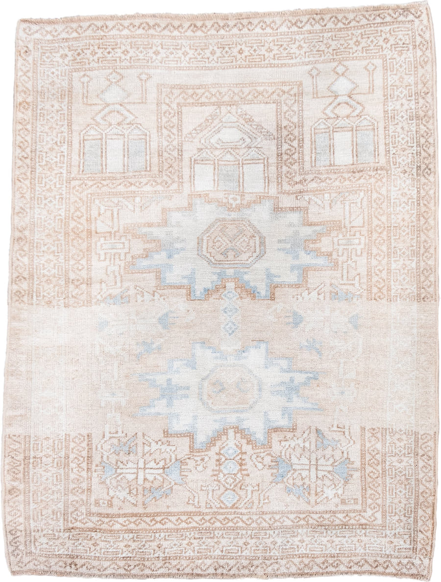 3' x 4' one-of-a-kind handmade antique Belouch small size rug. Color palette: ivory, camel, pale blue, beige, taupe