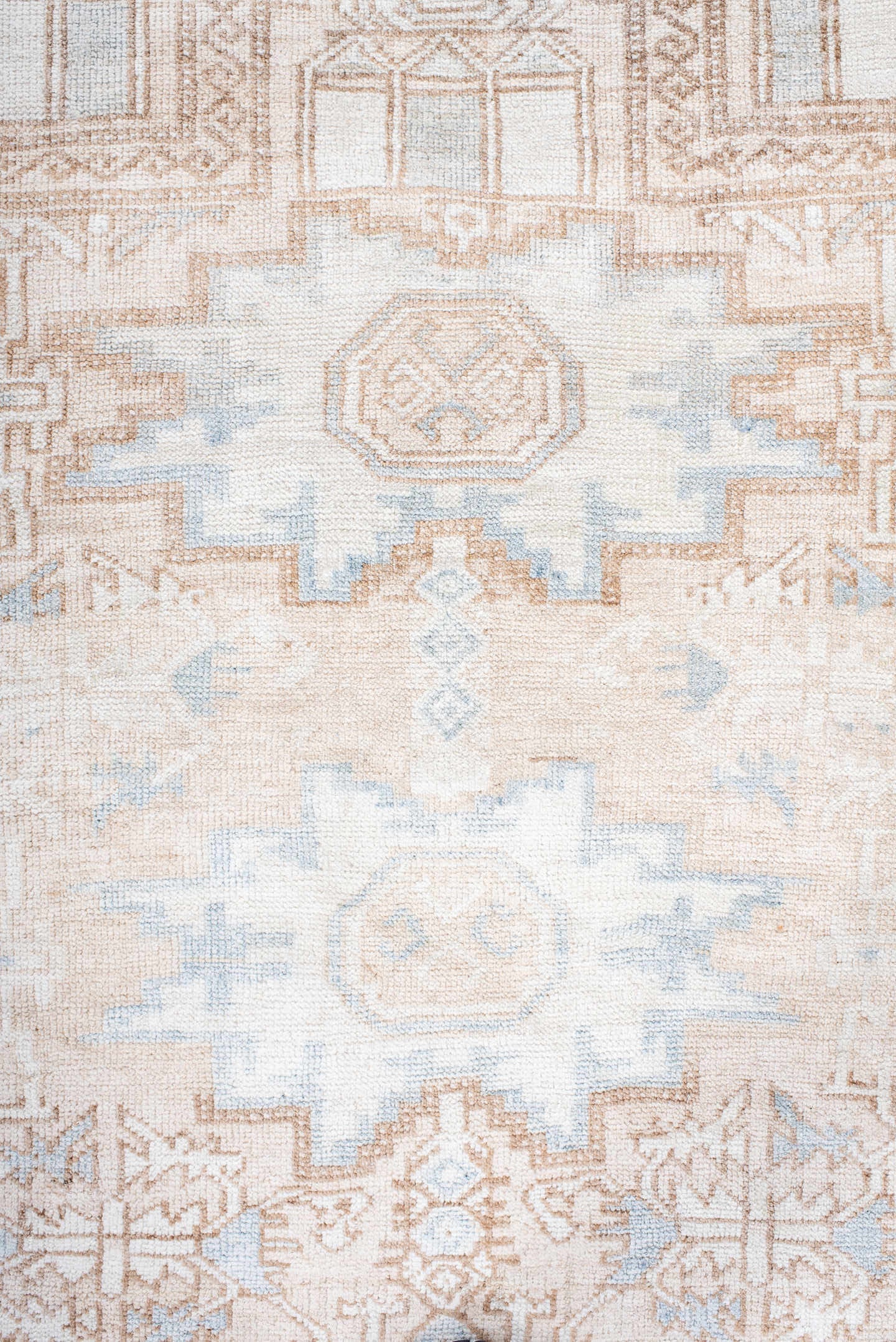 3' x 4' one-of-a-kind handmade antique Belouch small size rug. Color palette: ivory, camel, pale blue, beige, taupe