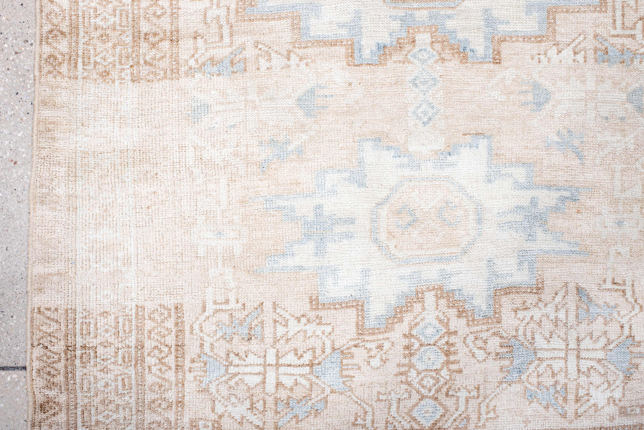 3' x 4' one-of-a-kind handmade antique Belouch small size rug. Color palette: ivory, camel, pale blue, beige, taupe